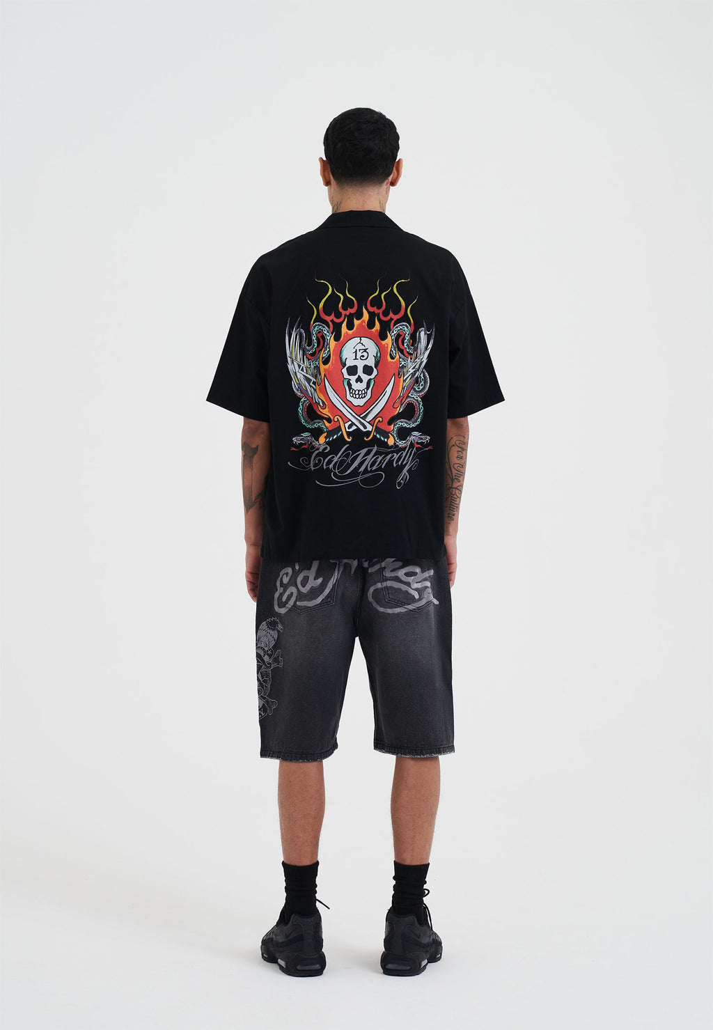 Mens Snakes And Skull Flames Printed Camp Shirt - Black