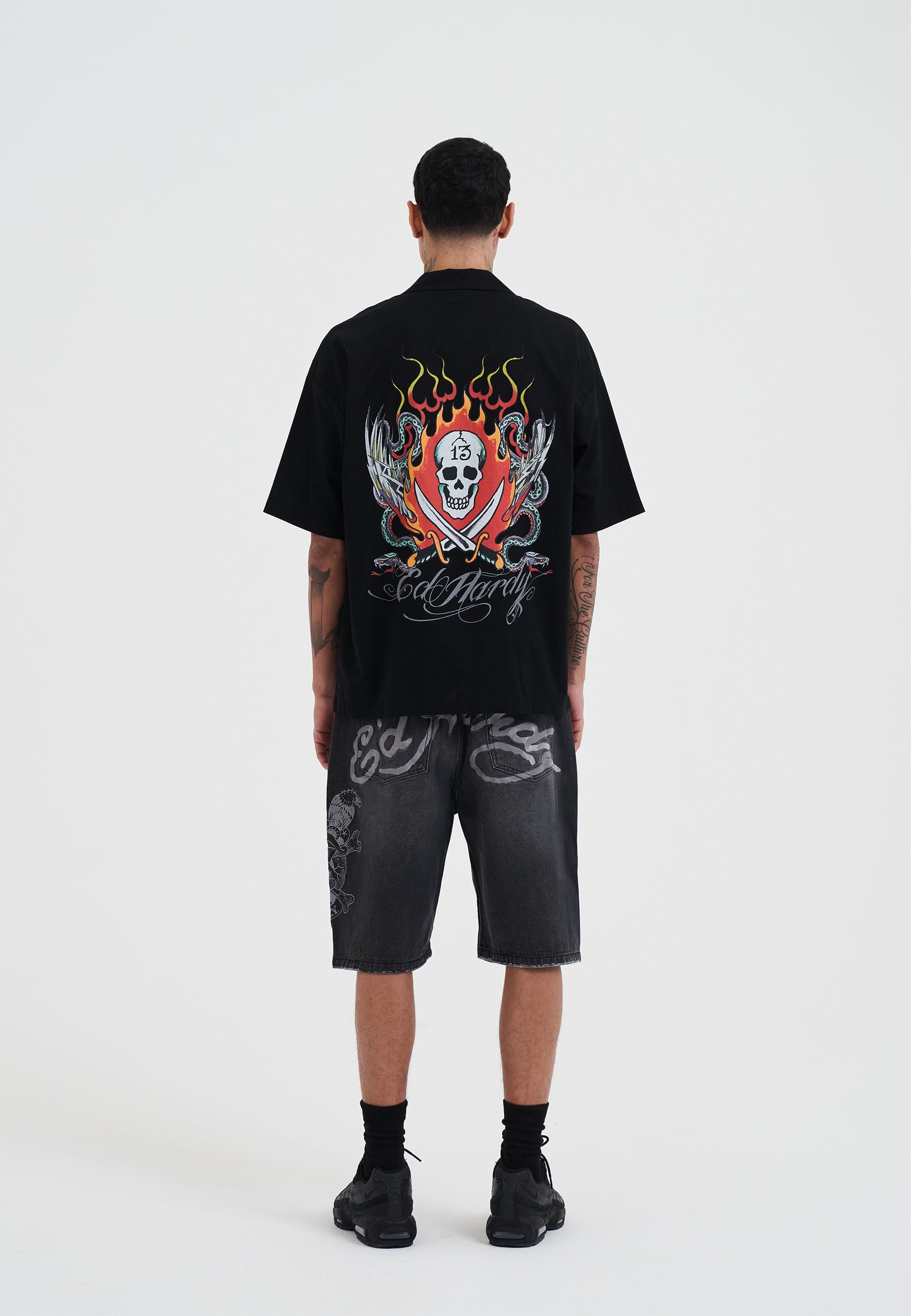 Mens Snakes And Skull Flames Printed Camp Shirt - Black