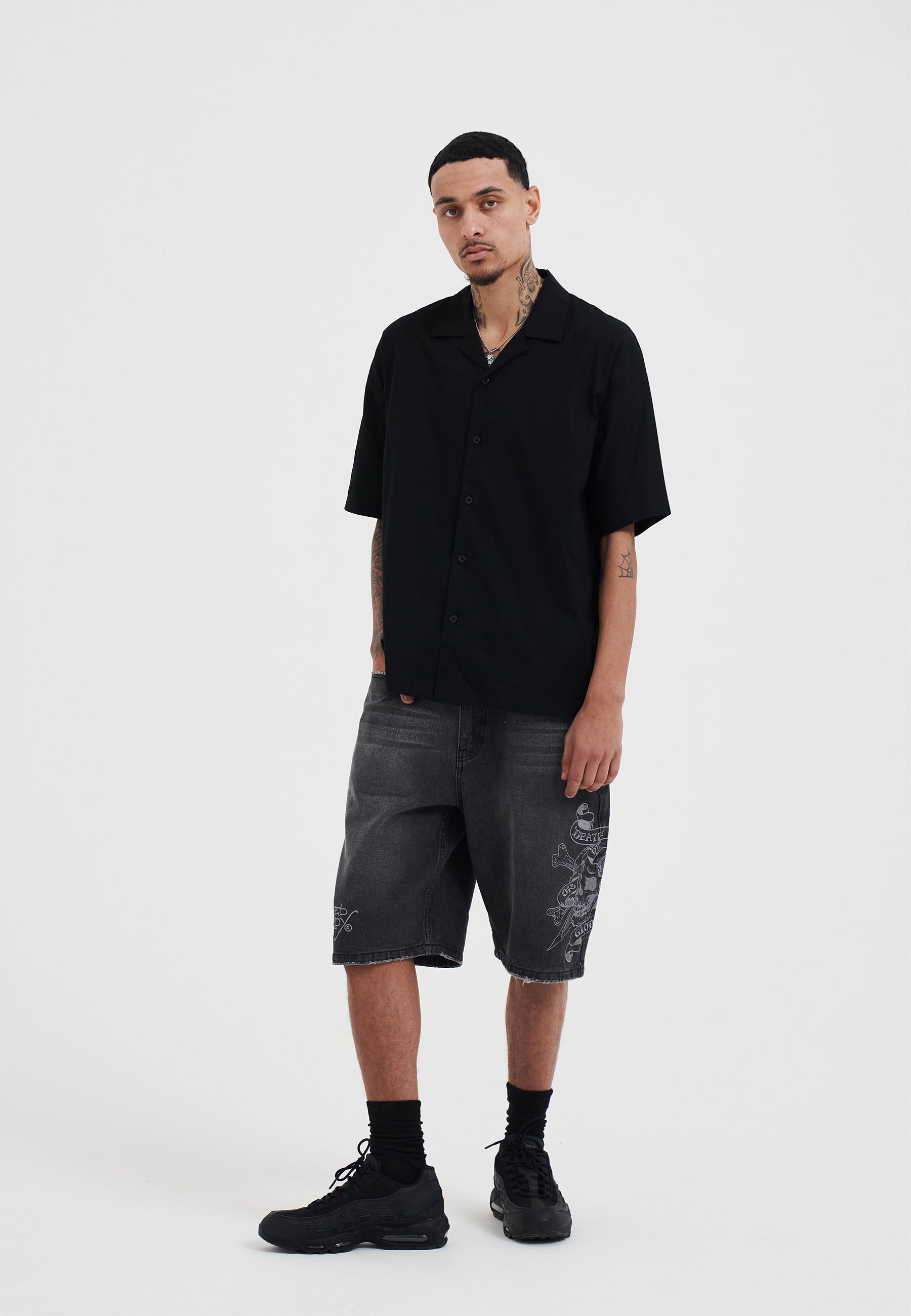 Mens Snakes And Skull Flames Printed Camp Shirt - Black