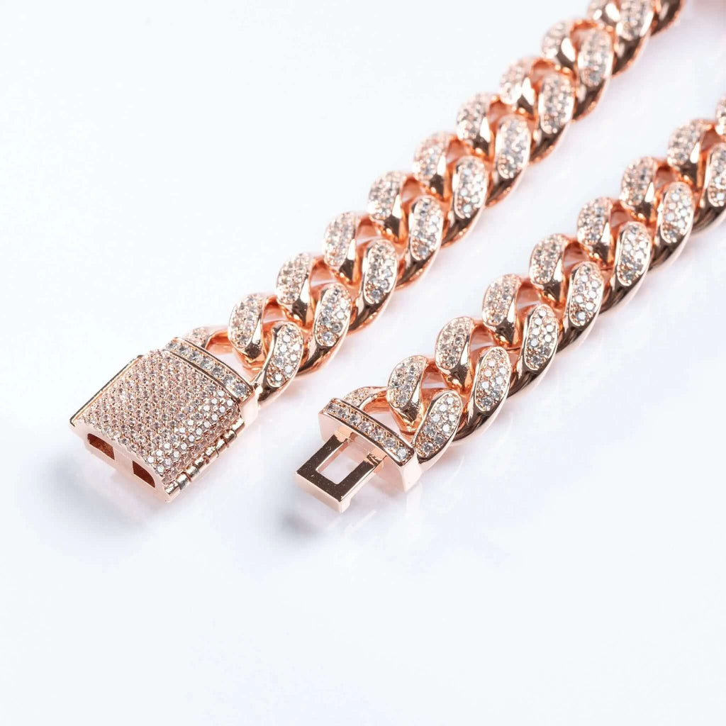 Womens 12mm Iced Miami Cuban Link Bracelet - Rose Gold