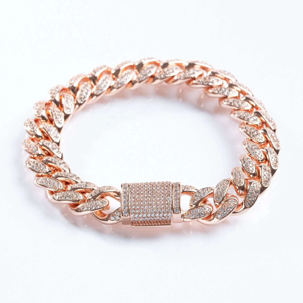 Womens 12mm Iced Miami Cuban Link Bracelet - Rose Gold