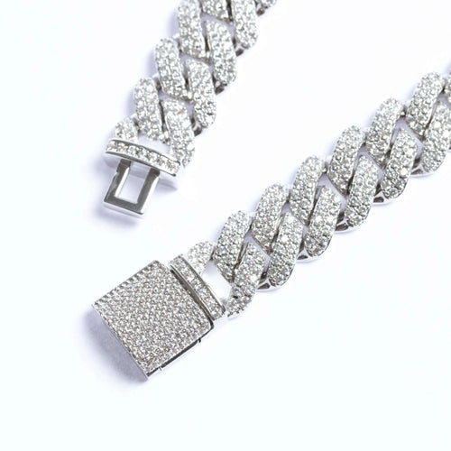 12mm Iced Prong Cuban Link Chain + Bracelet - White Gold
