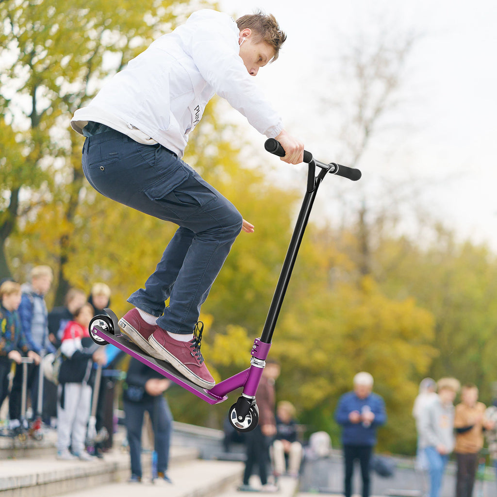 HOMCOM Stunt Scooter, 360° Entry Level Tricks Scooter w/ Lightweight Aluminium Deck and ABEC 7 Bearing, For Age 14+ Beginners, Purple