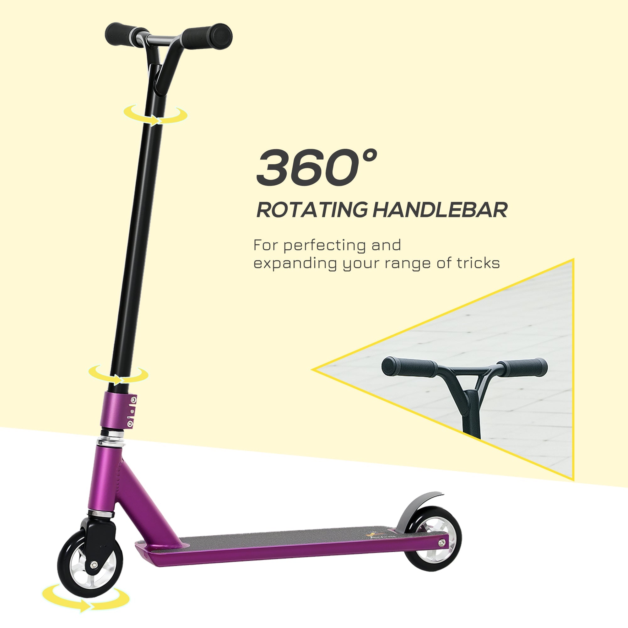 HOMCOM Stunt Scooter, 360° Entry Level Tricks Scooter w/ Lightweight Aluminium Deck and ABEC 7 Bearing, For Age 14+ Beginners, Purple