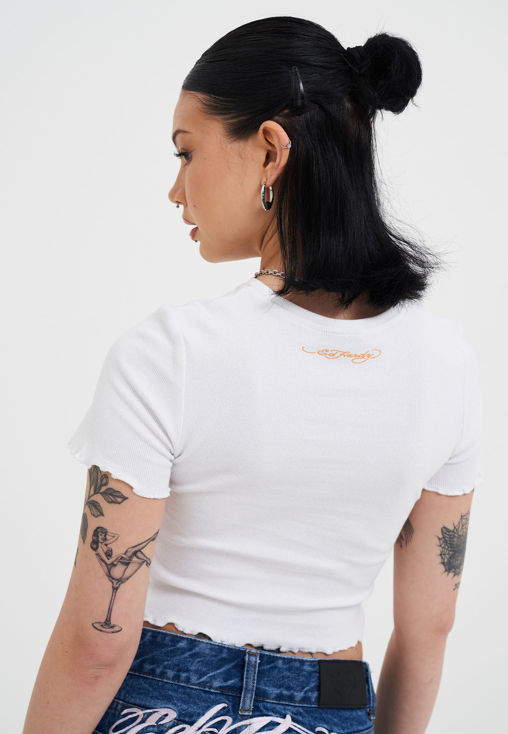 Womens Bee Lettuce Hem Baby T-Shirt Top - White