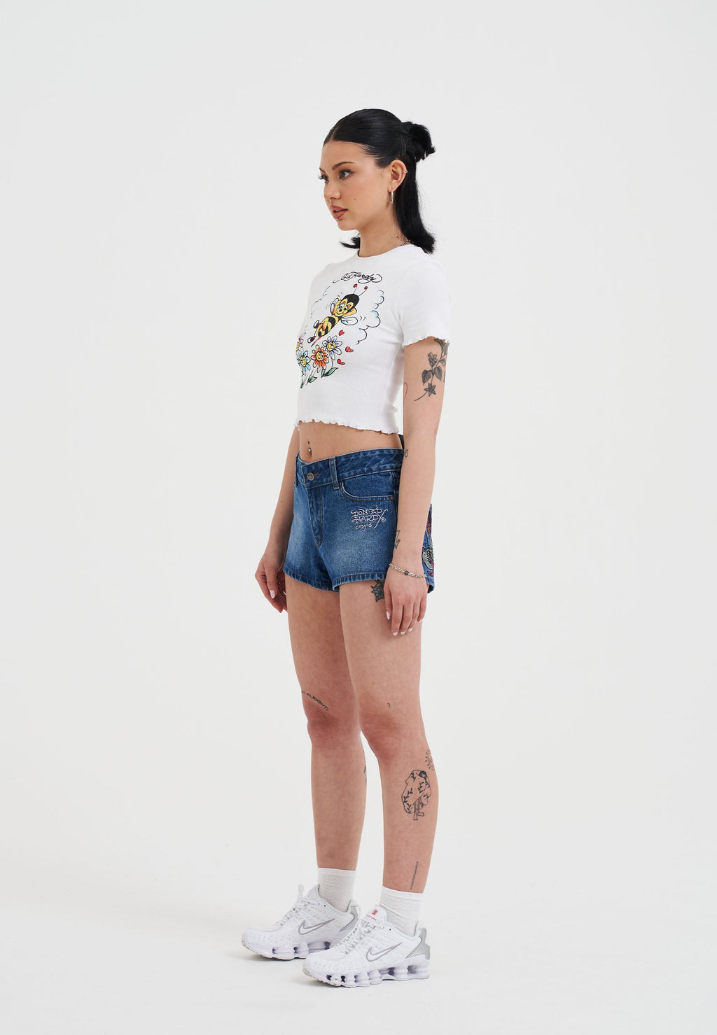 Womens Bee Lettuce Hem Baby T-Shirt Top - White