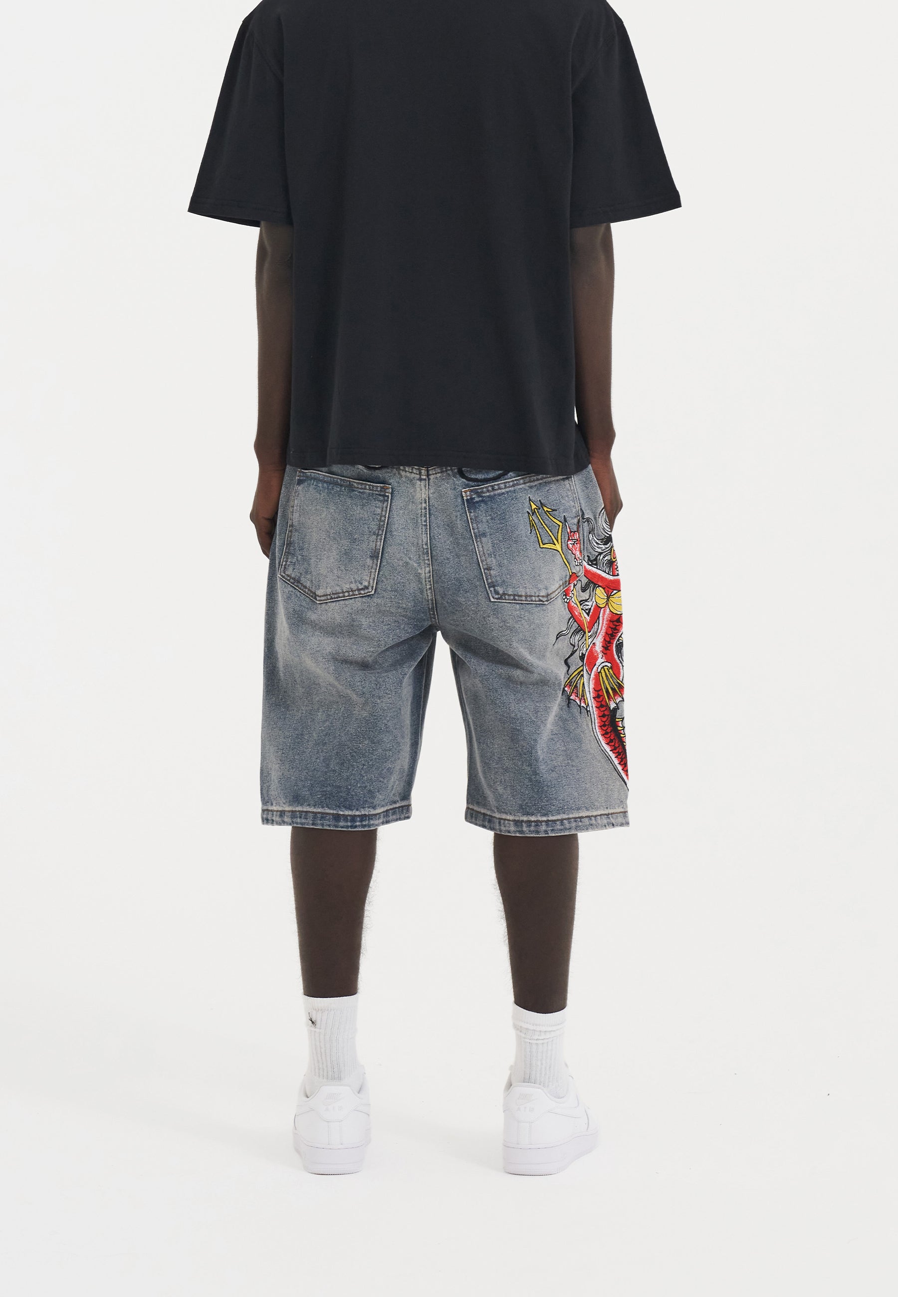 Mens Devil Mermaid Denim Jorts Shorts - Blue