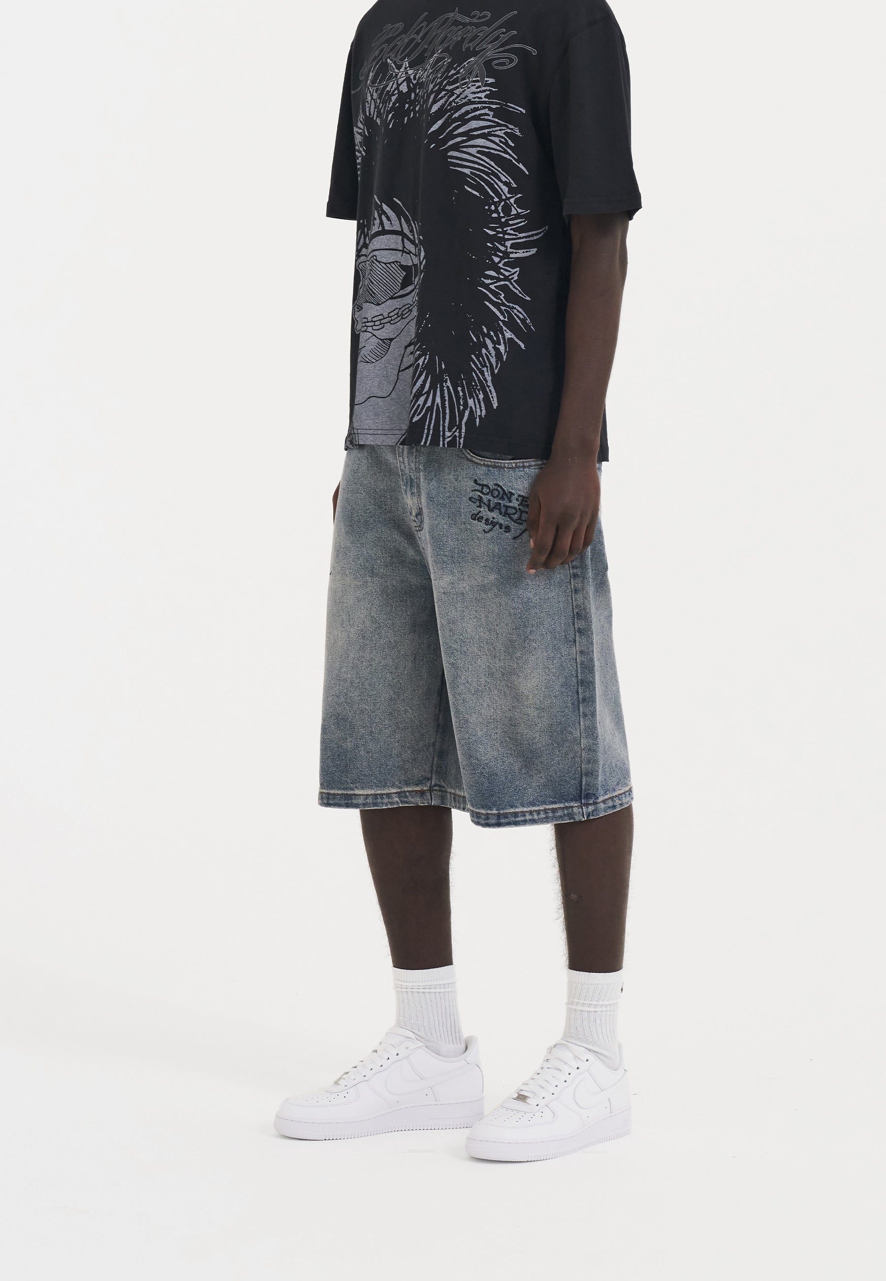 Mens Devil Mermaid Denim Jorts Shorts - Blue