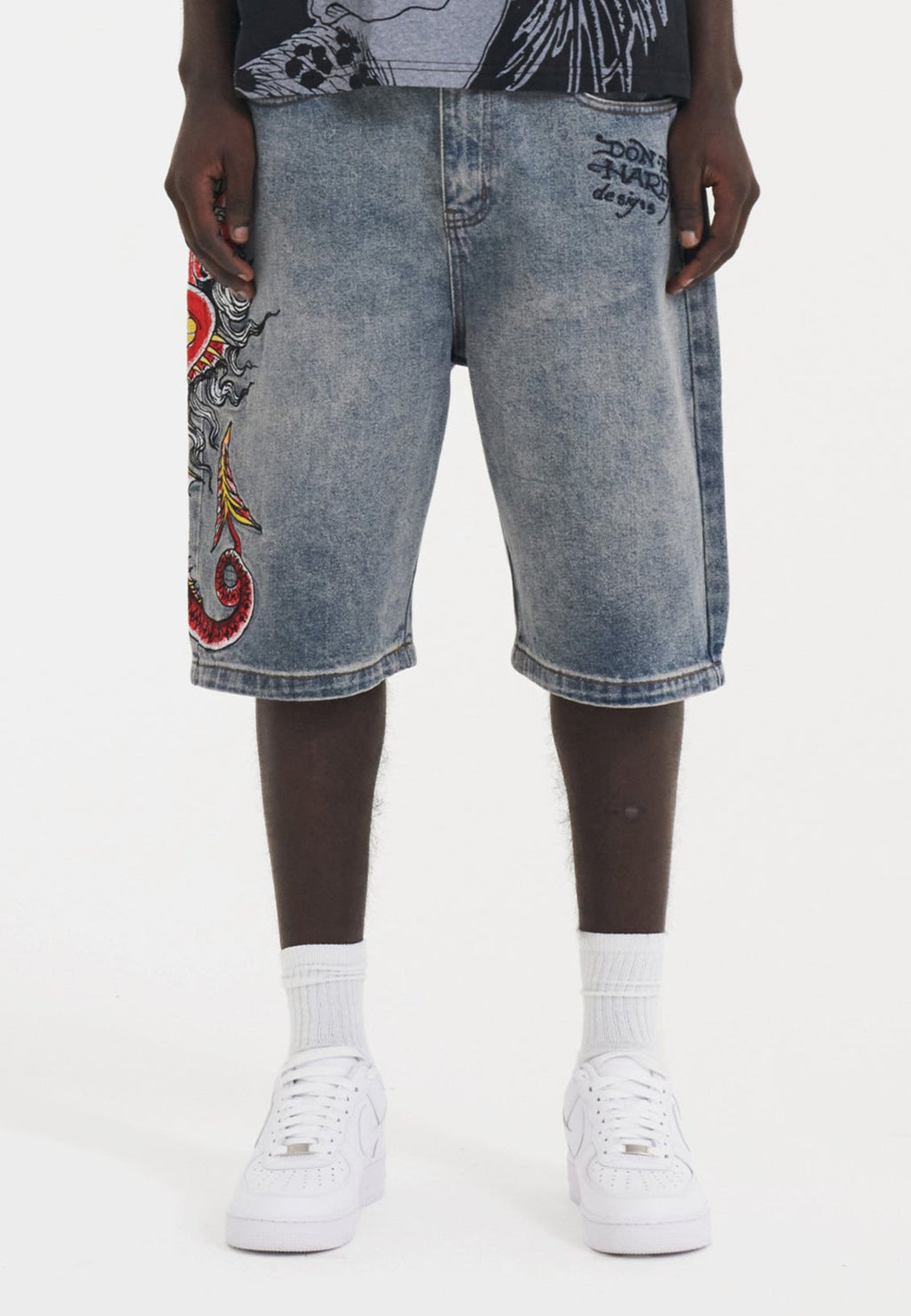 Mens Devil Mermaid Denim Jorts Shorts - Blue