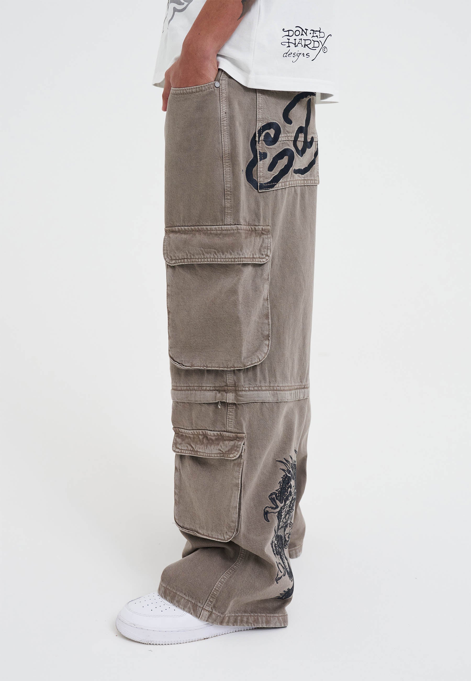 Mens Drag Denim Cargo With Removable Legs Denim Trousers Jeans - Beige