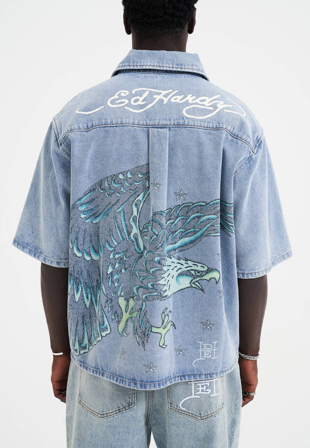 Mens Eagle And Stars Relaxed Denim Shirt - Bleach