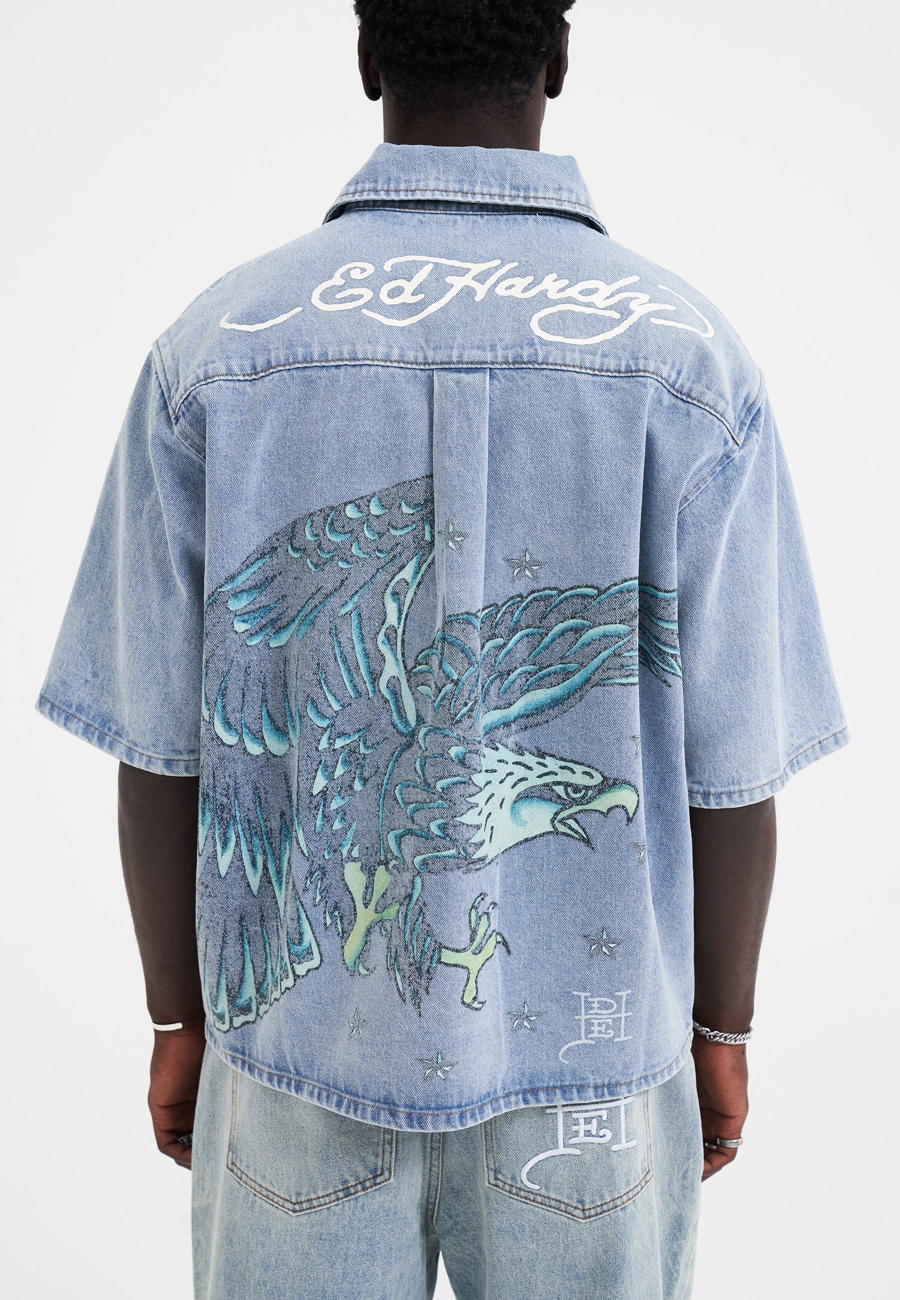 Mens Eagle And Stars Relaxed Denim Shirt - Bleach