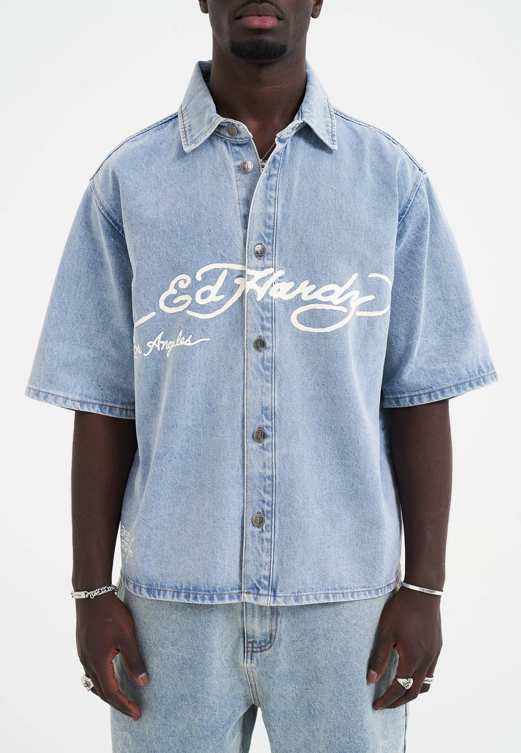 Mens Eagle And Stars Relaxed Denim Shirt - Bleach