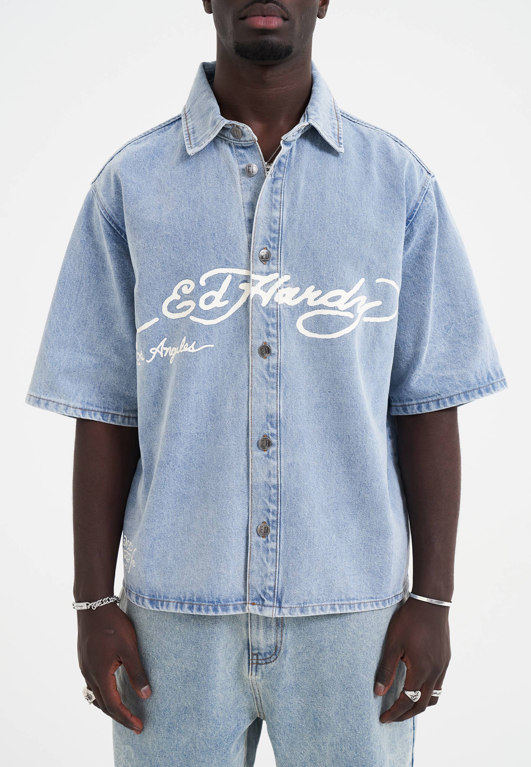 Mens Eagle And Stars Relaxed Denim Shirt - Bleach