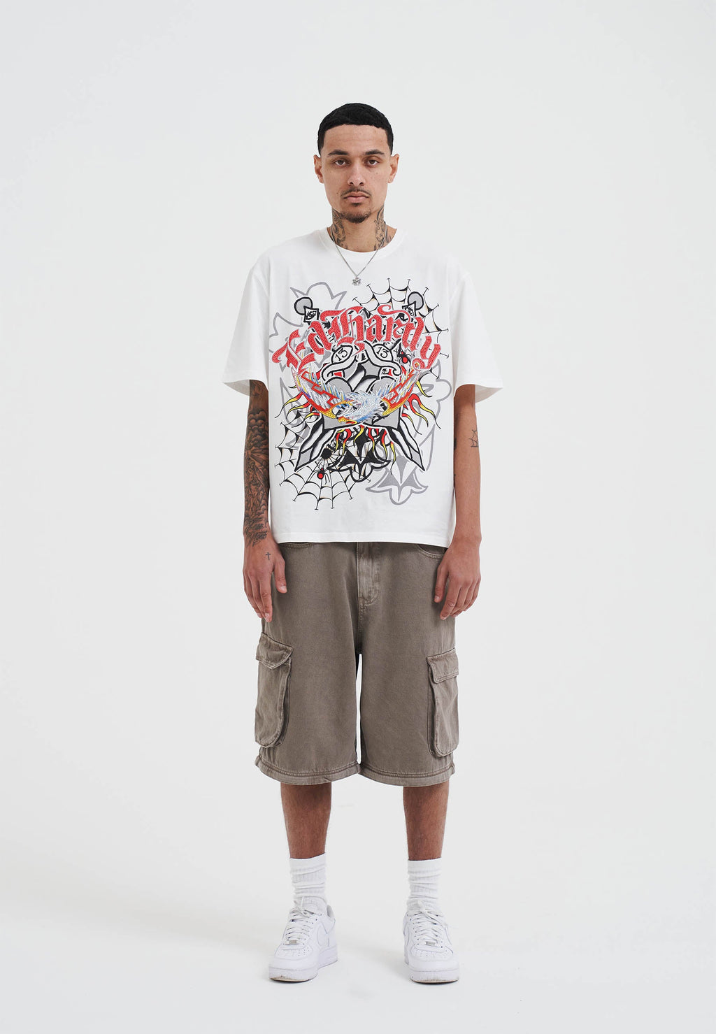 Mens Gothic Lightning Eagle Diamante T-Shirt - White