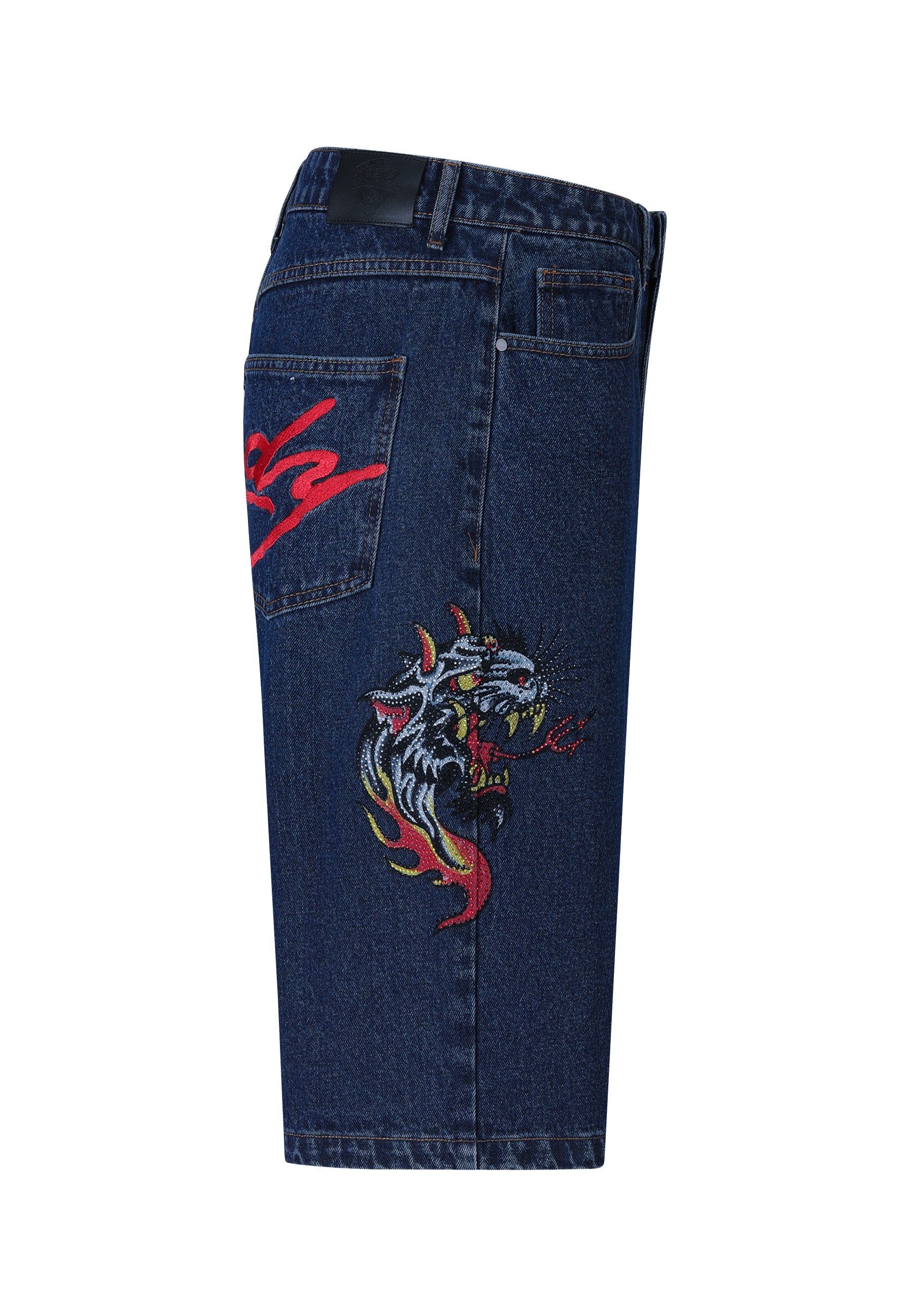 Mens Hell Cats Diamante Denim Jorts Shorts  - Indigo