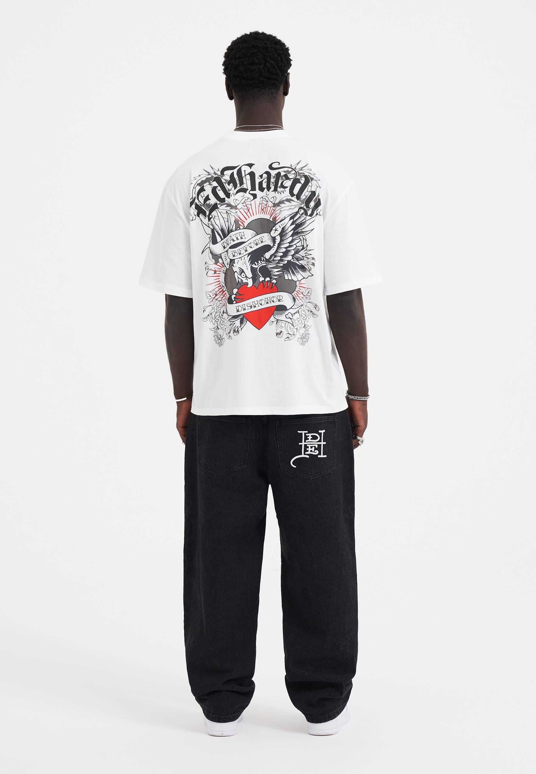 Mens Laser Etched Dragon Repeat Denim Trousers Jeans - Black