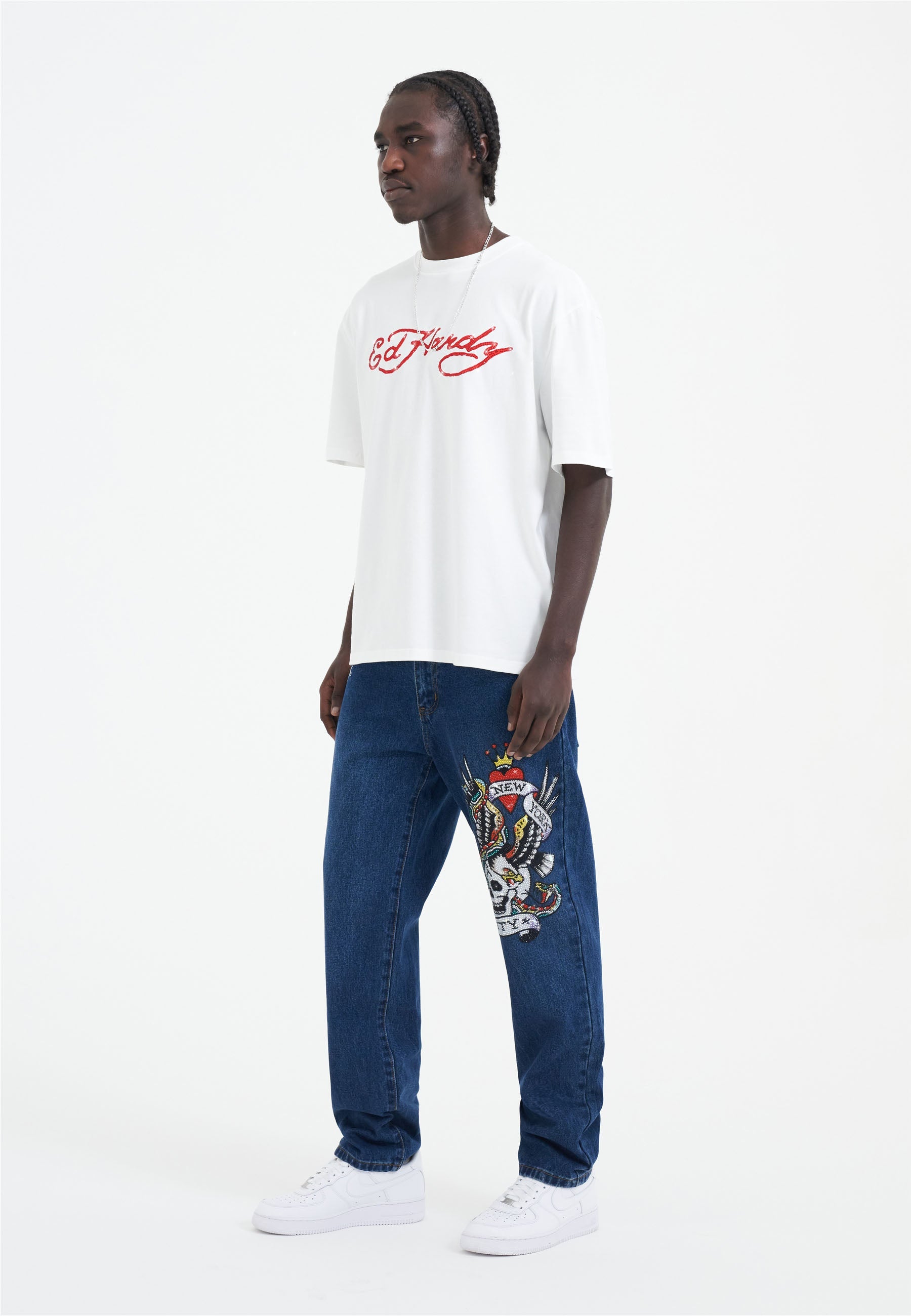 Mens Nyc-Skull Diamante Denim Trousers Jeans - Indigo