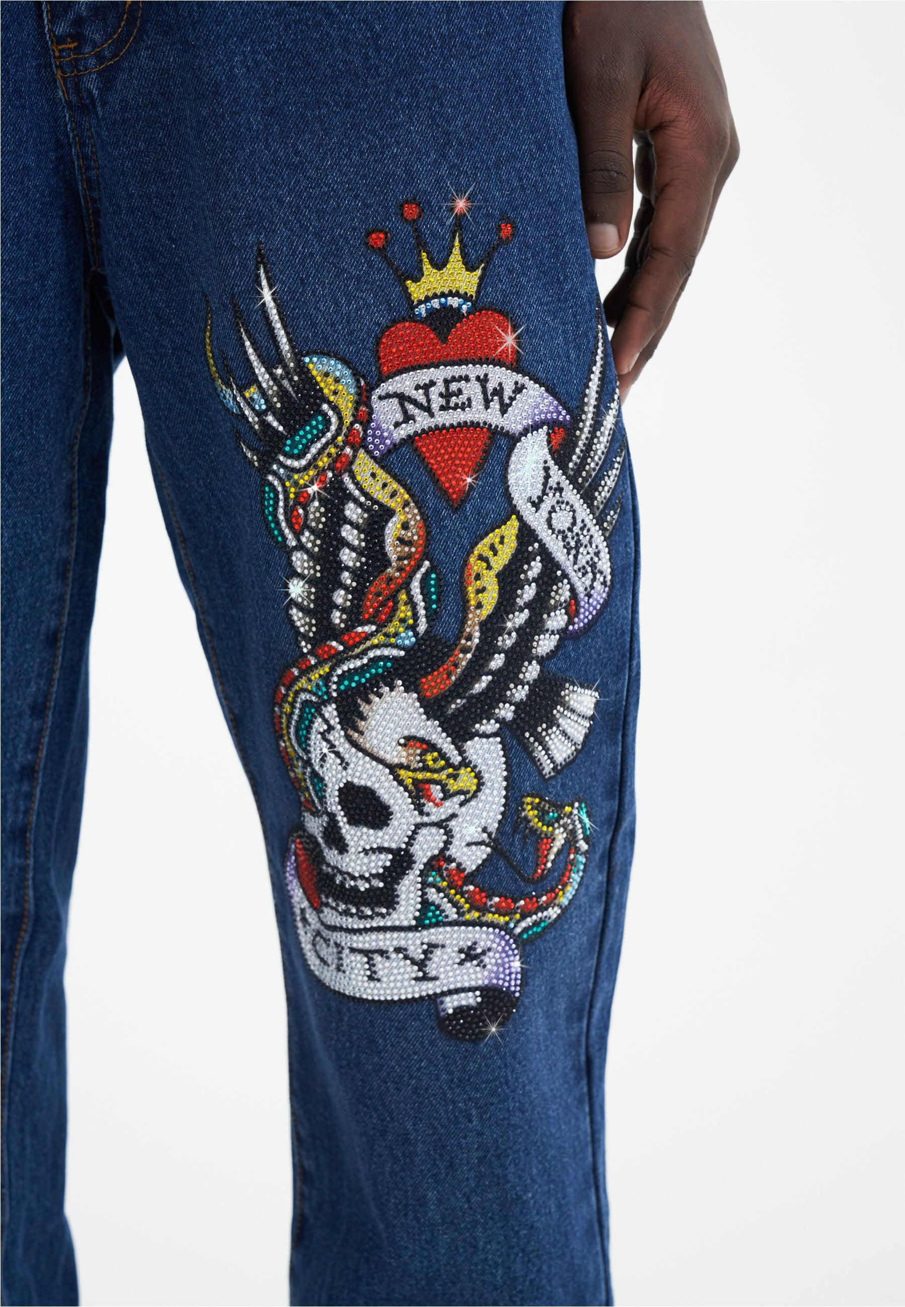 Mens Nyc-Skull Diamante Denim Trousers Jeans - Indigo