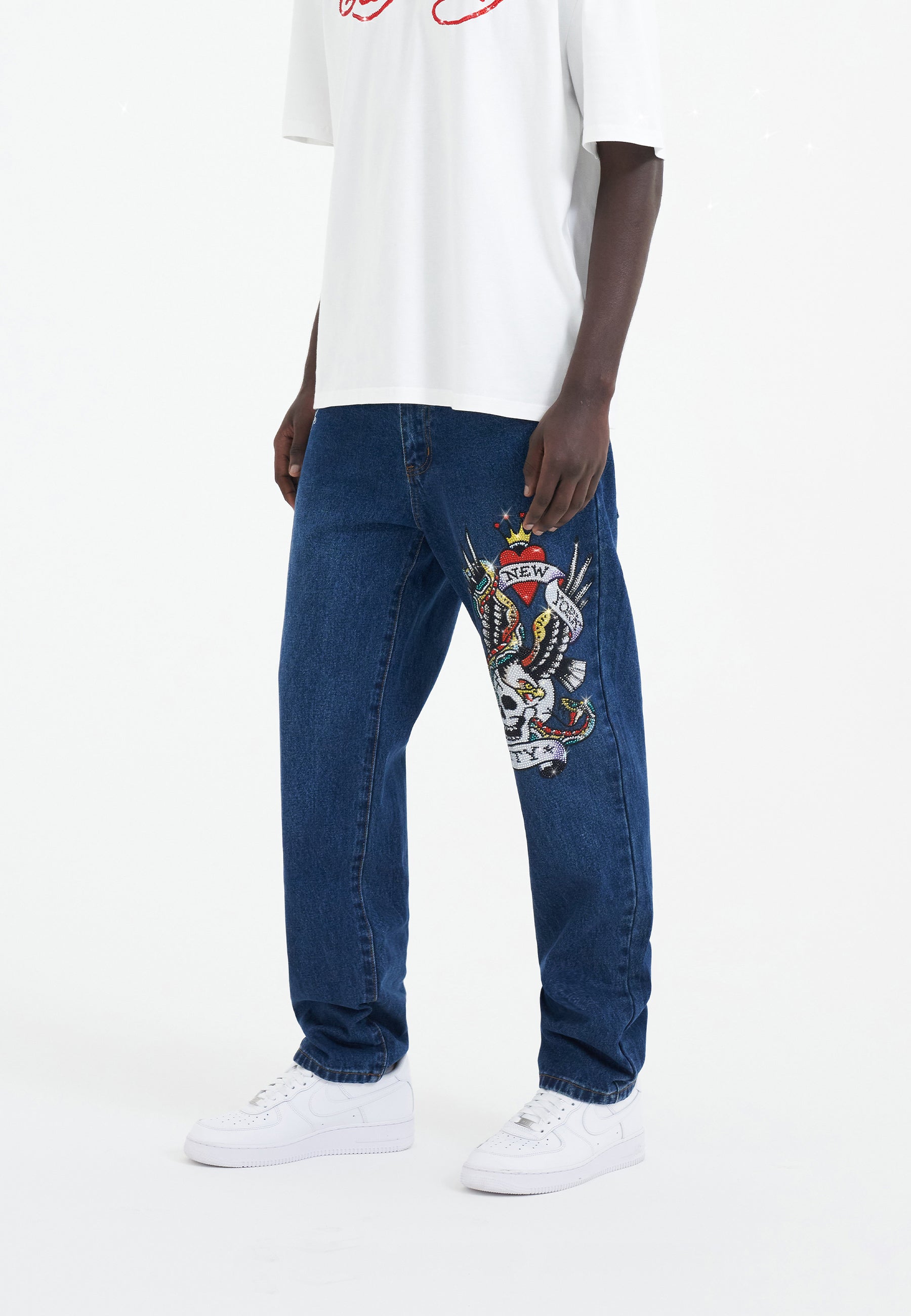 Mens Nyc-Skull Diamante Denim Trousers Jeans - Indigo
