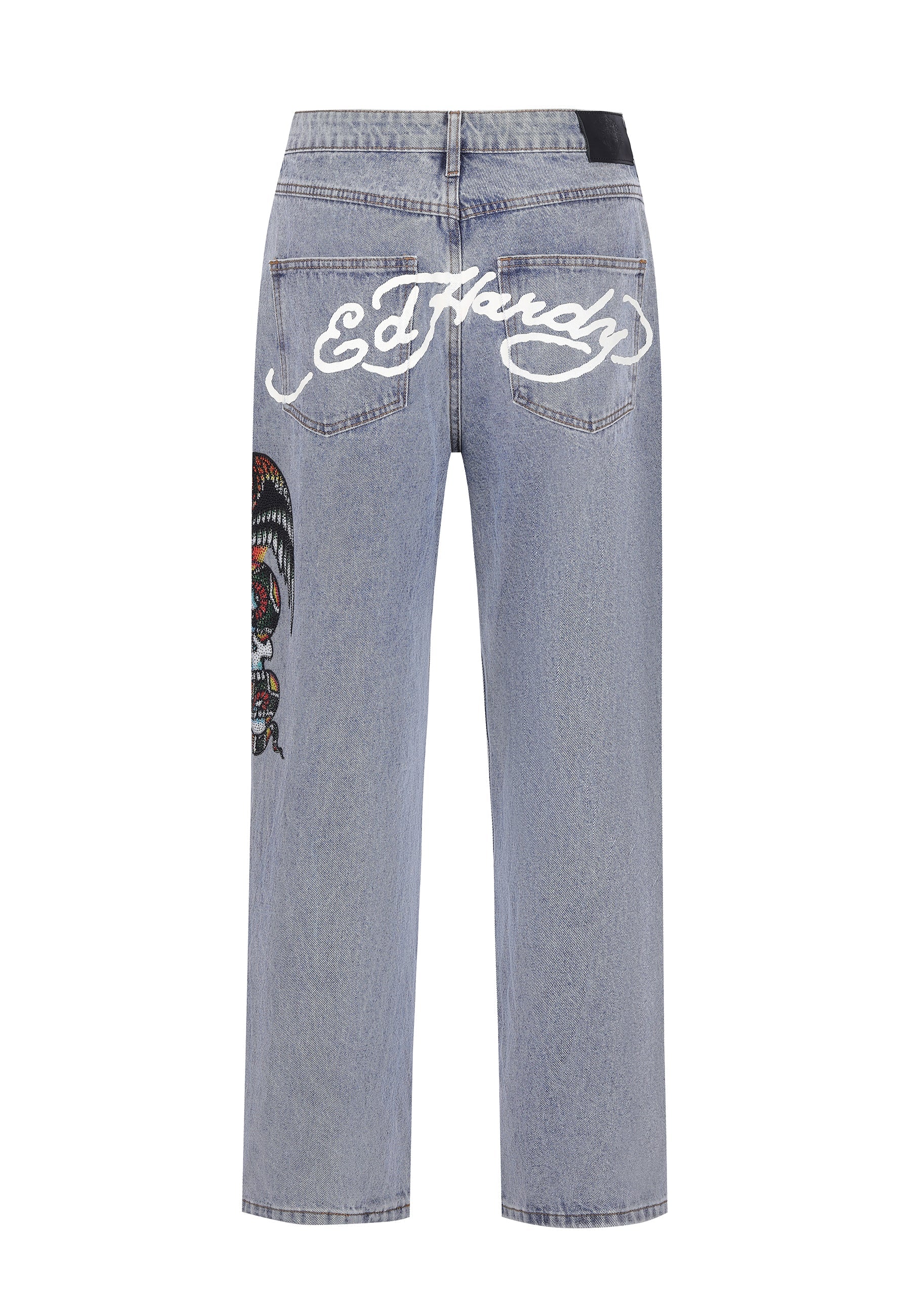 Mens Skull-Snake-Eagle Diamante Denim Trousers Jeans - Bleach
