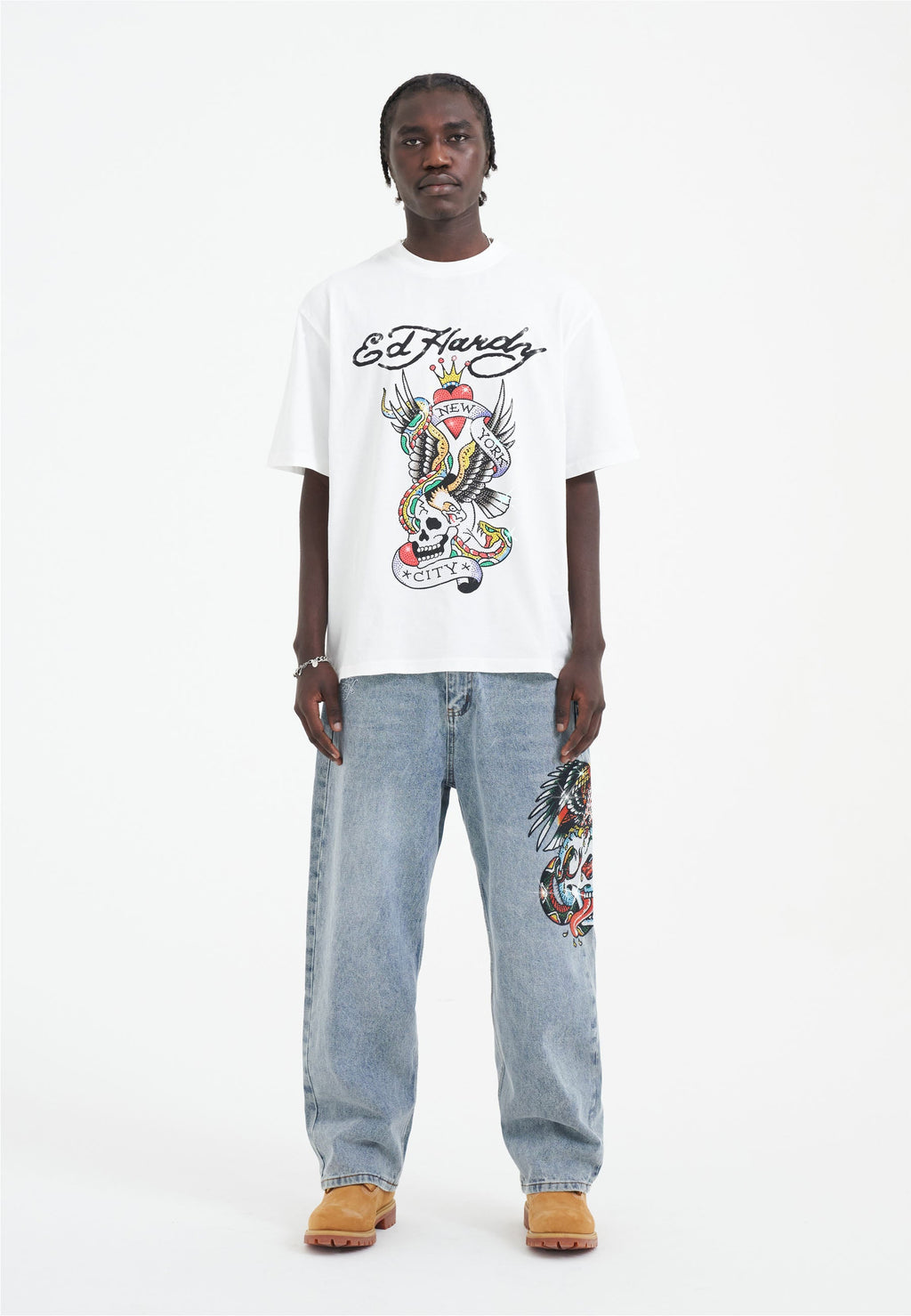 Mens Skull-Snake-Eagle Diamante Denim Trousers Jeans - Bleach