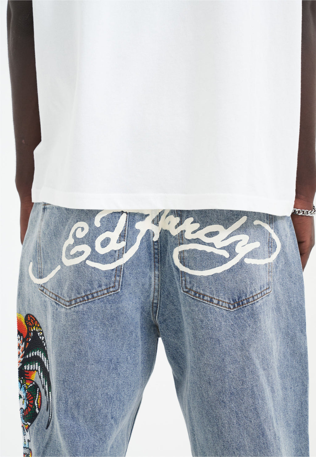 Mens Skull-Snake-Eagle Diamante Denim Trousers Jeans - Bleach