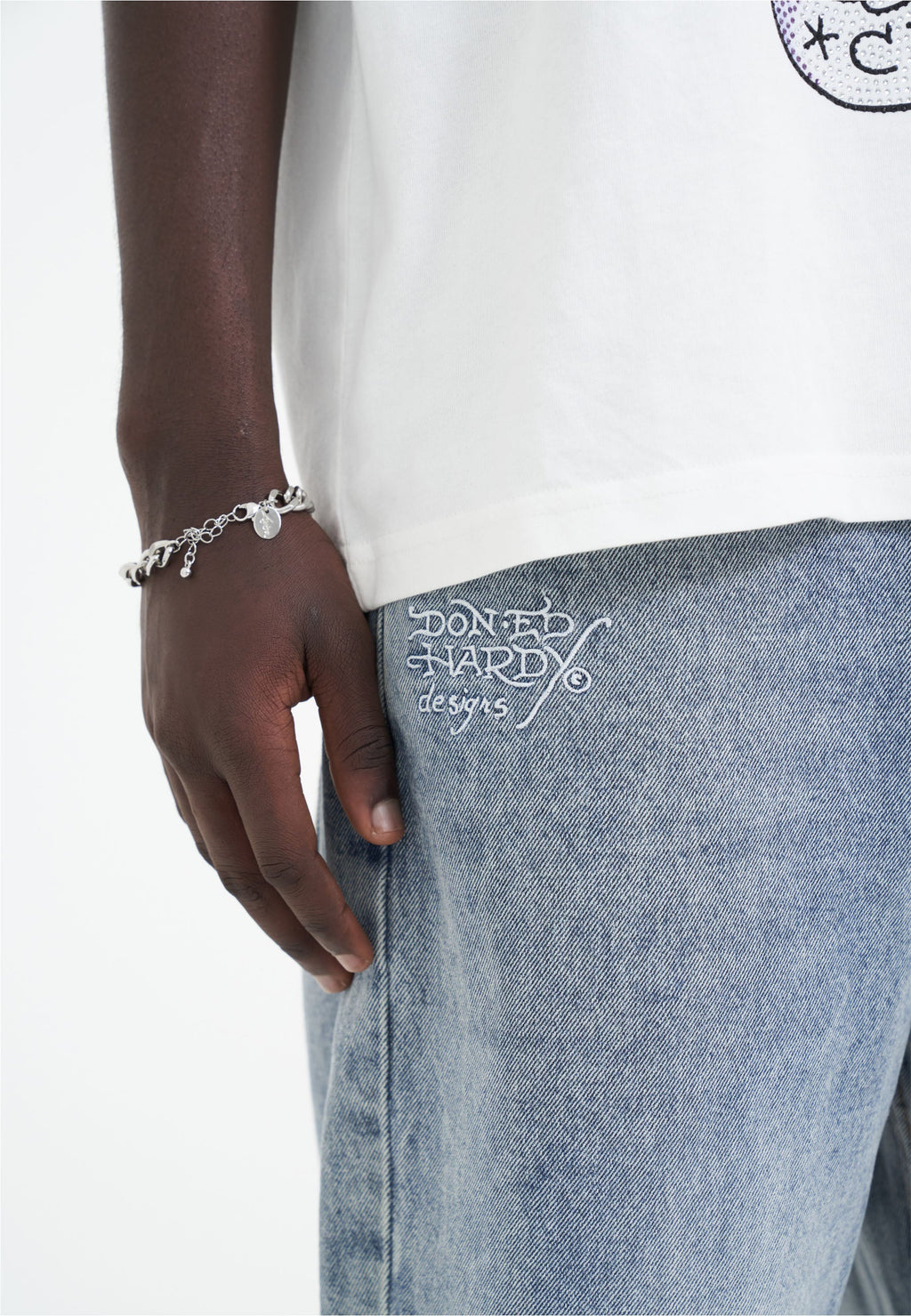 Mens Skull-Snake-Eagle Diamante Denim Trousers Jeans - Bleach