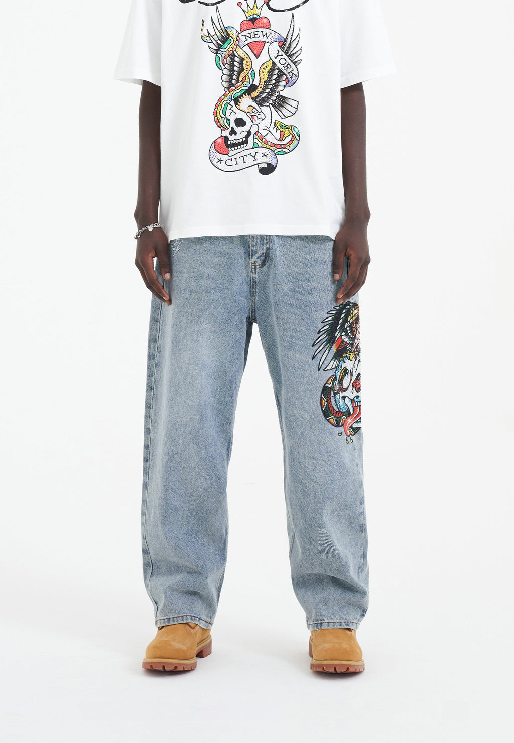 Mens Skull-Snake-Eagle Diamante Denim Trousers Jeans - Bleach