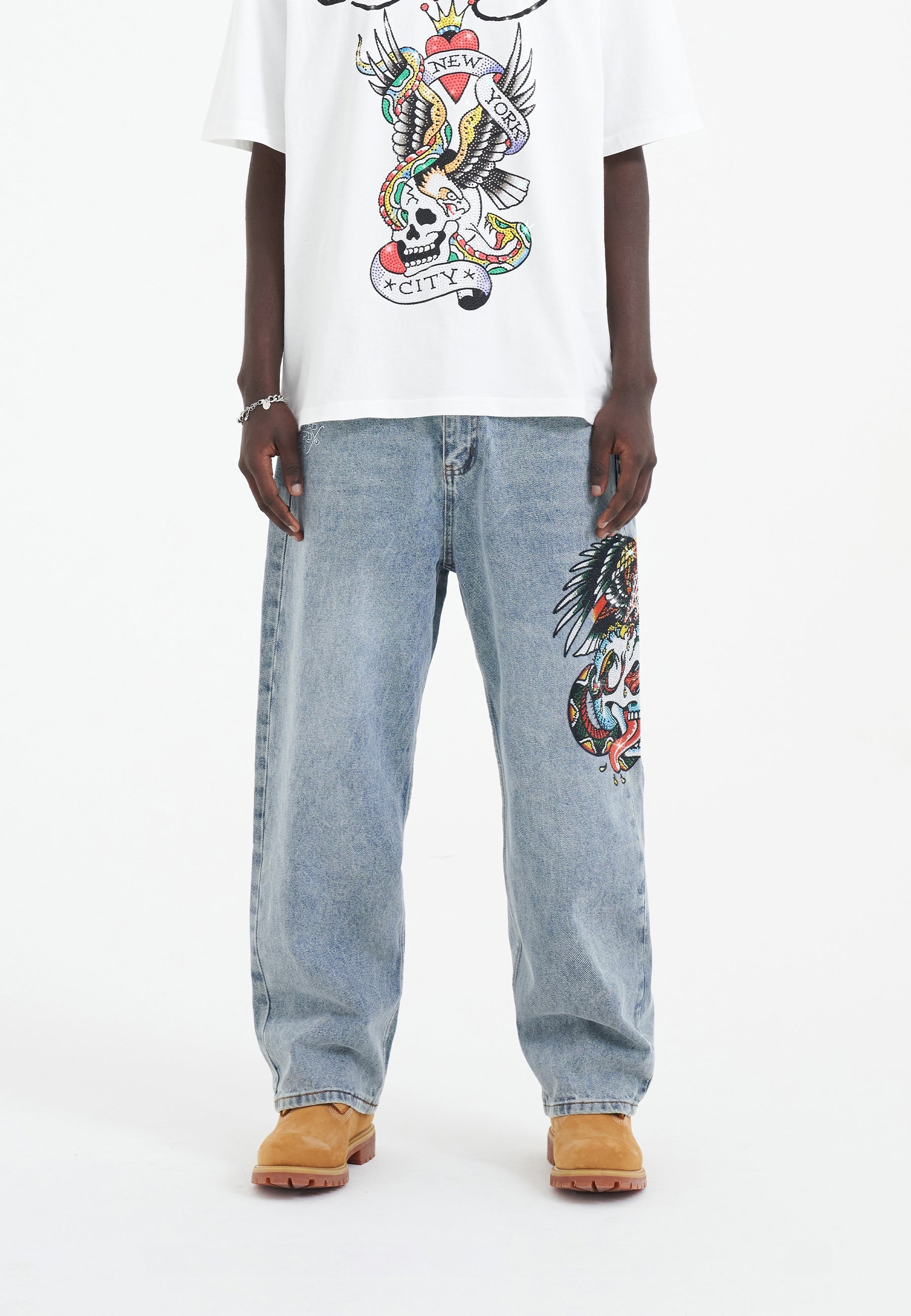 Mens Skull-Snake-Eagle Diamante Denim Trousers Jeans - Bleach