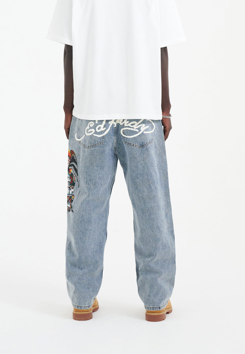 Mens Skull-Snake-Eagle Diamante Denim Trousers Jeans - Bleach