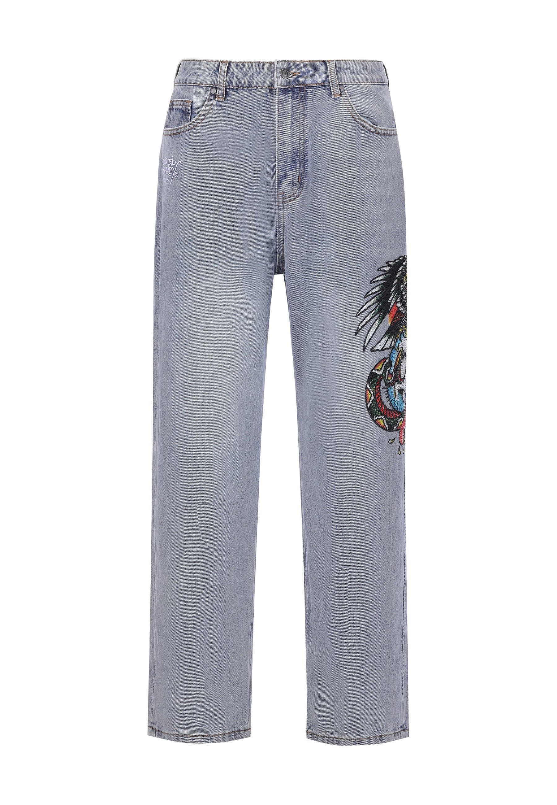 Mens Skull-Snake-Eagle Diamante Denim Trousers Jeans - Bleach