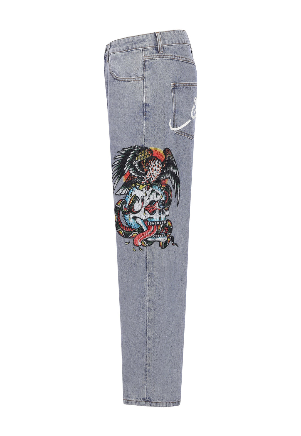 Mens Skull-Snake-Eagle Diamante Denim Trousers Jeans - Bleach