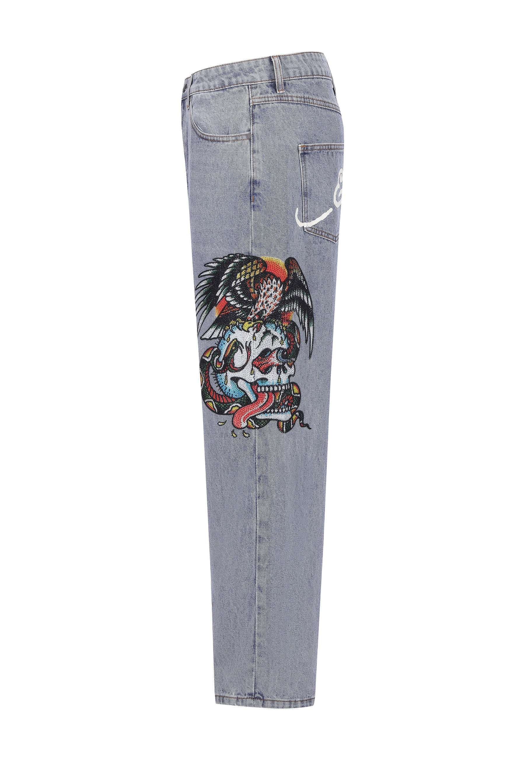 Mens Skull-Snake-Eagle Diamante Denim Trousers Jeans - Bleach