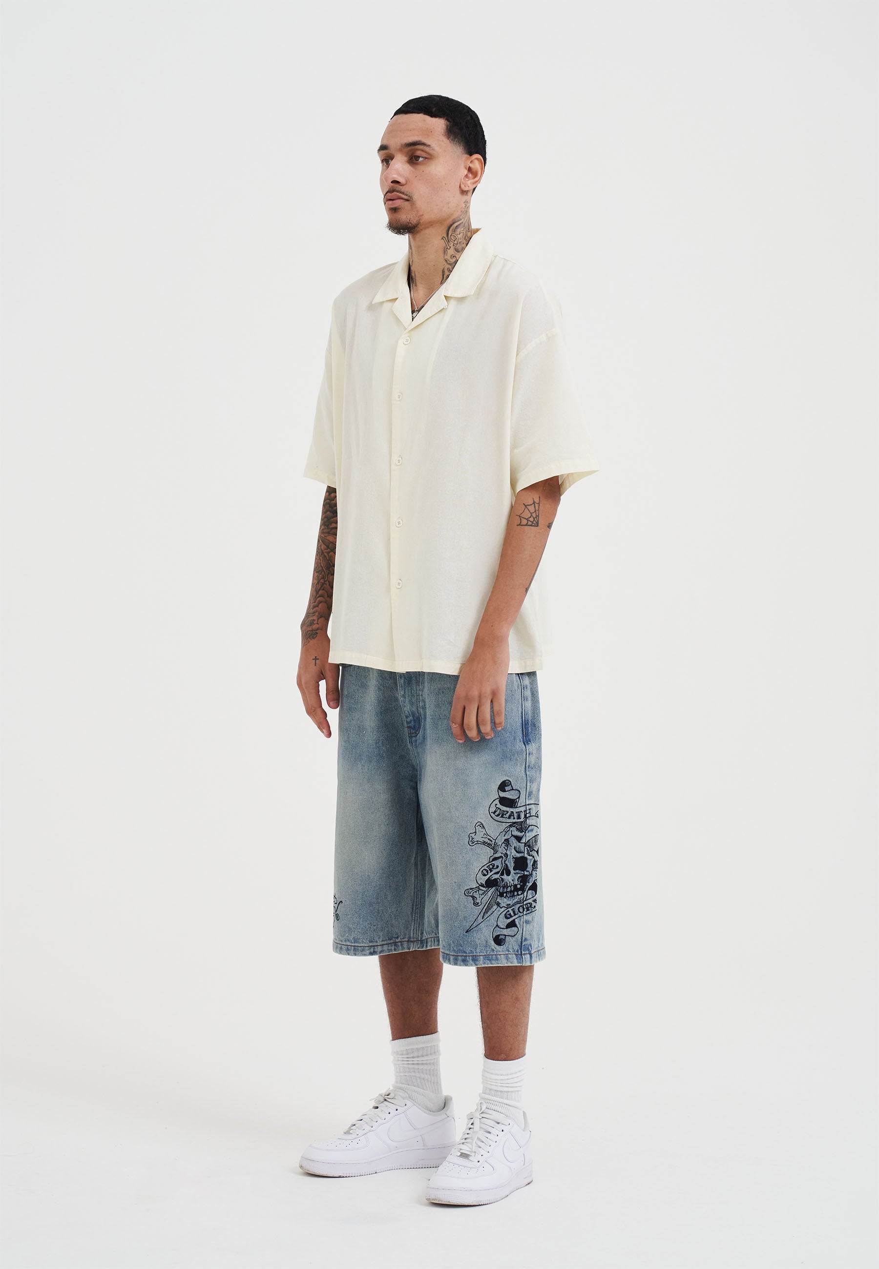 Mens Snakes And Skull Flames Printed Camp Shirt - Beige