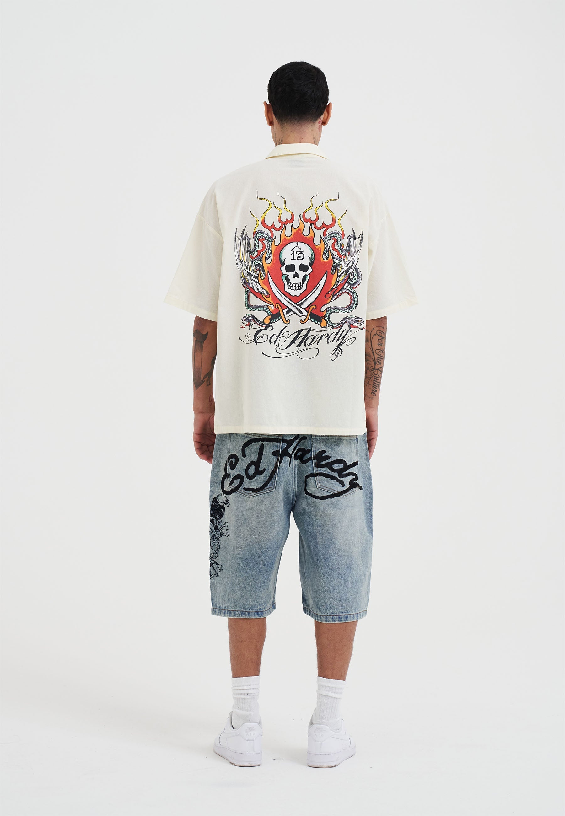 Mens Snakes And Skull Flames Printed Camp Shirt - Beige