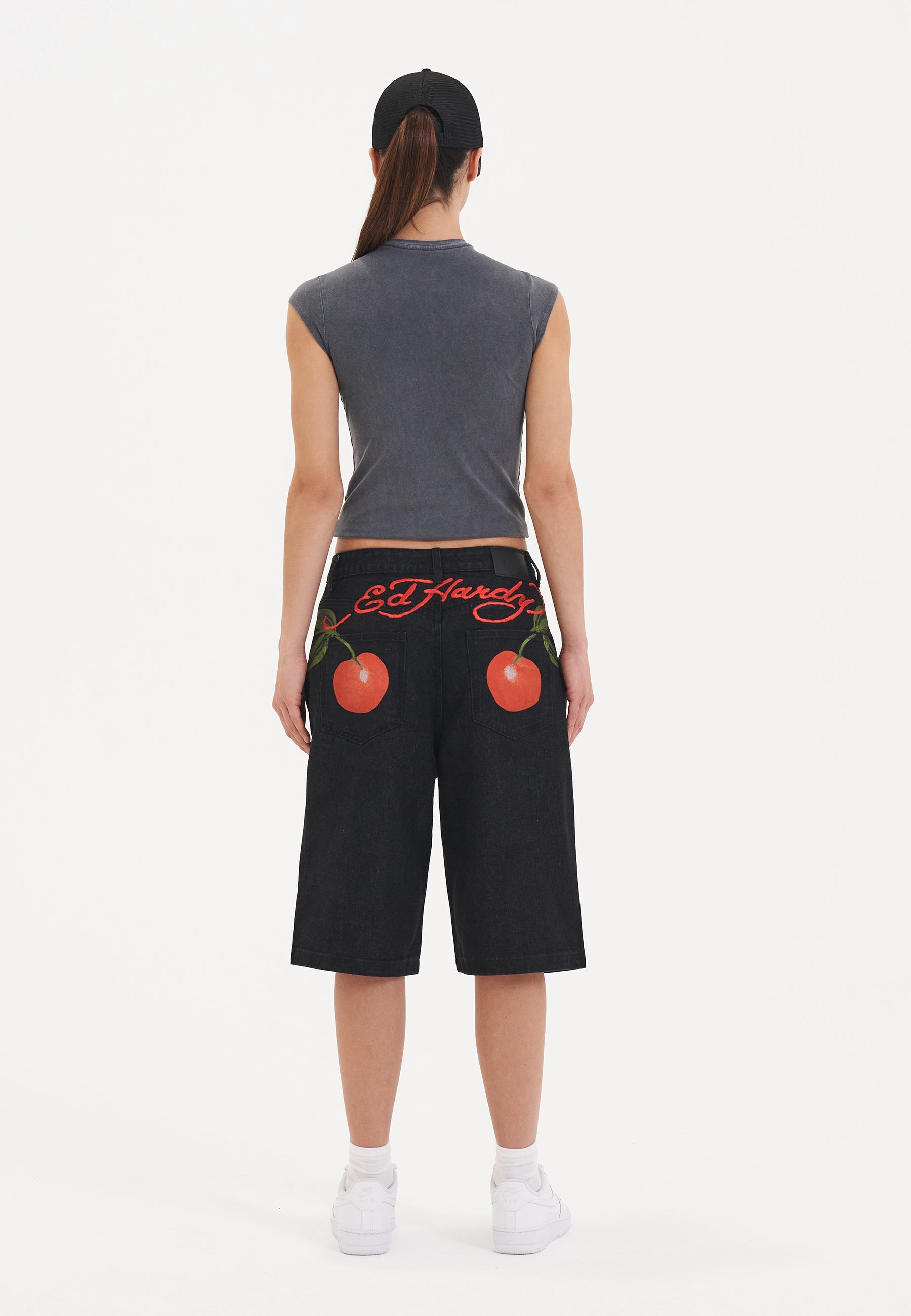 Womens Cherry Love Bomb Relaxed Denim Jorts Shorts - Black