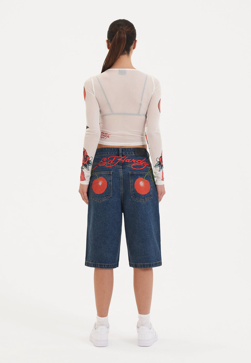 Womens Cherry Love Bomb Relaxed Denim Jorts Shorts - Indigo
