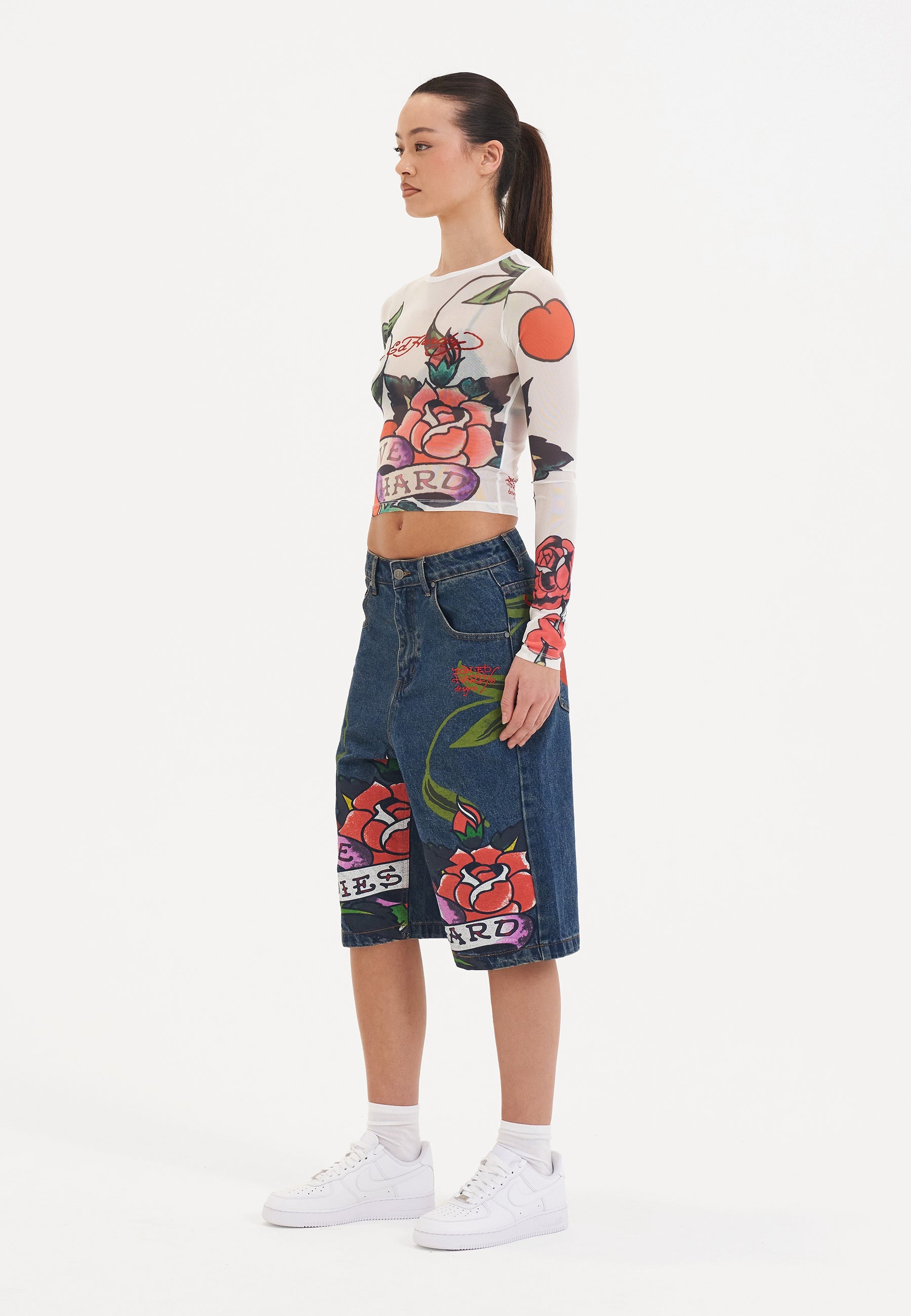 Womens Cherry Love Bomb Relaxed Denim Jorts Shorts - Indigo