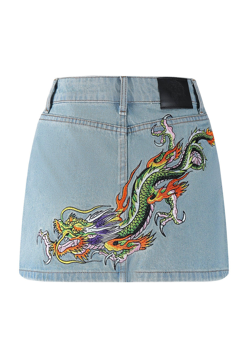 Womens Crawling Dragon Denim Mini Skirt - Blue