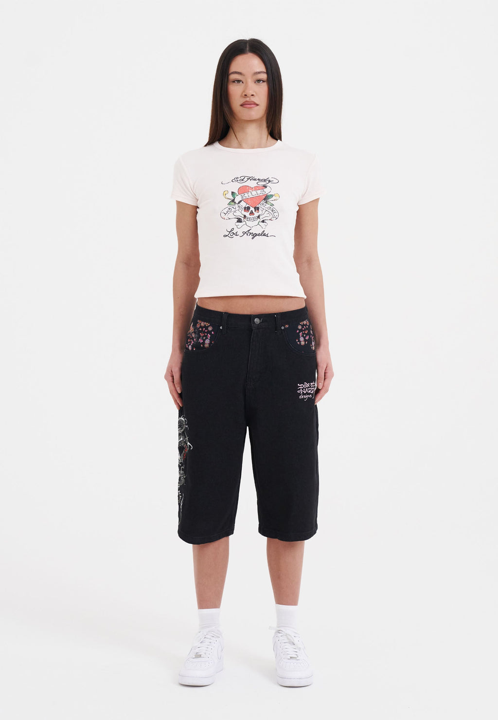 Womens Grey Dragon Relaxed Denim Jorts Shorts - Black