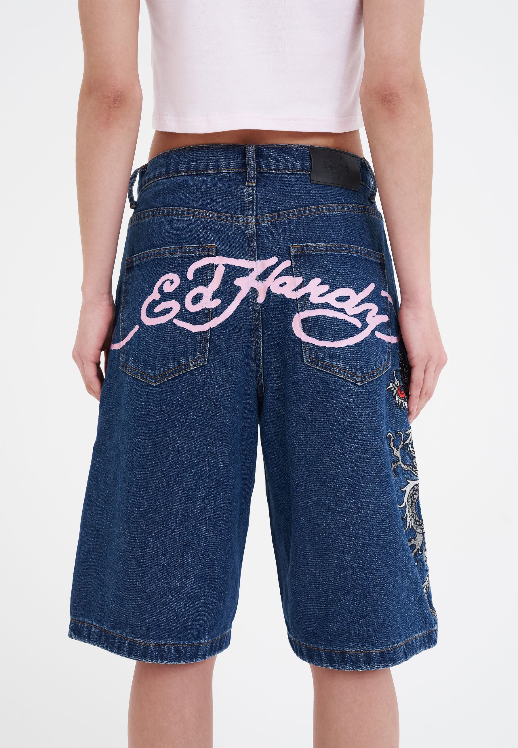 Womens Grey Dragon Relaxed Denim Jorts Shorts - Indigo