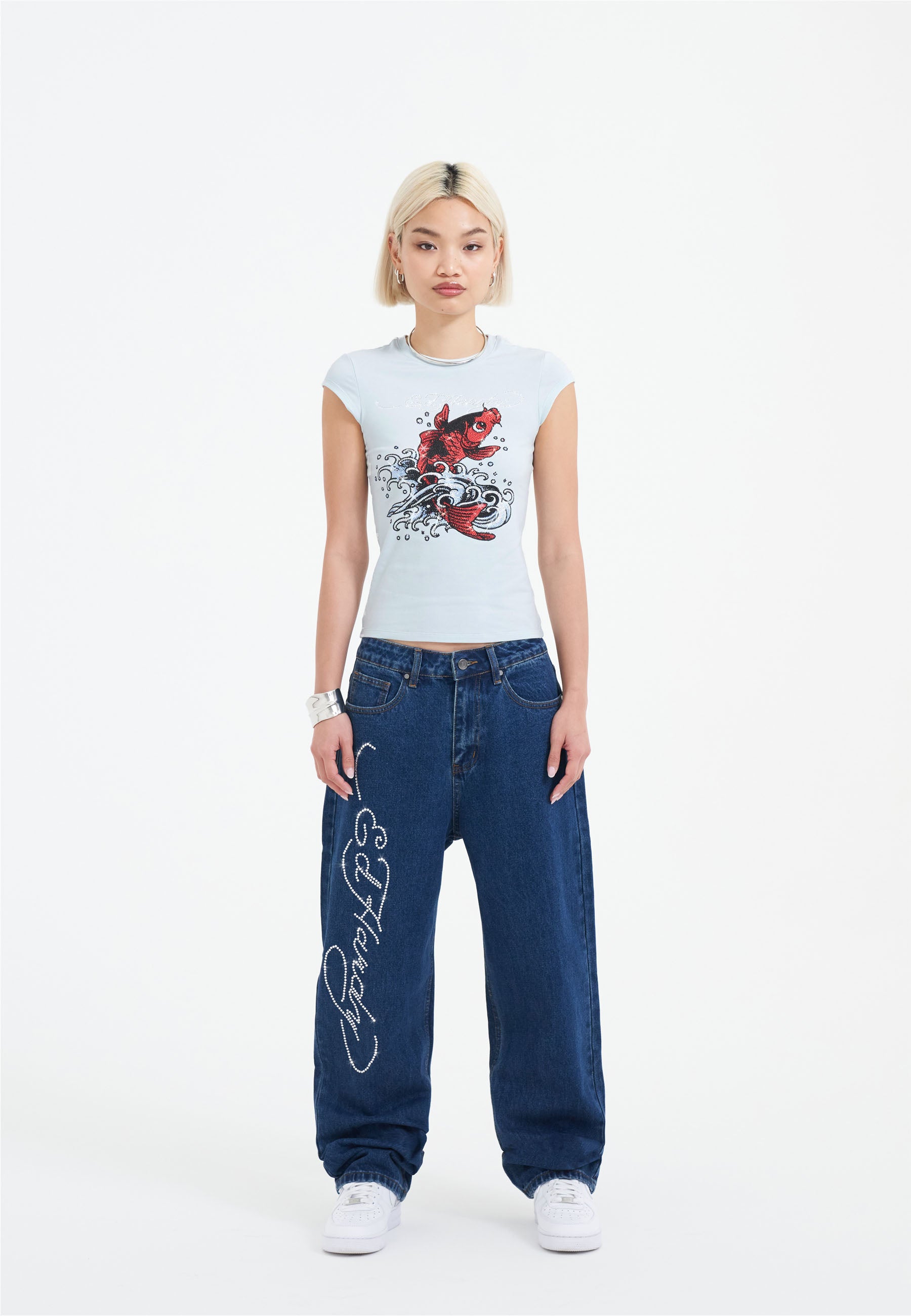 Womens Koi Wave Diamante Cap Sleeve Tshirt Top - Blue