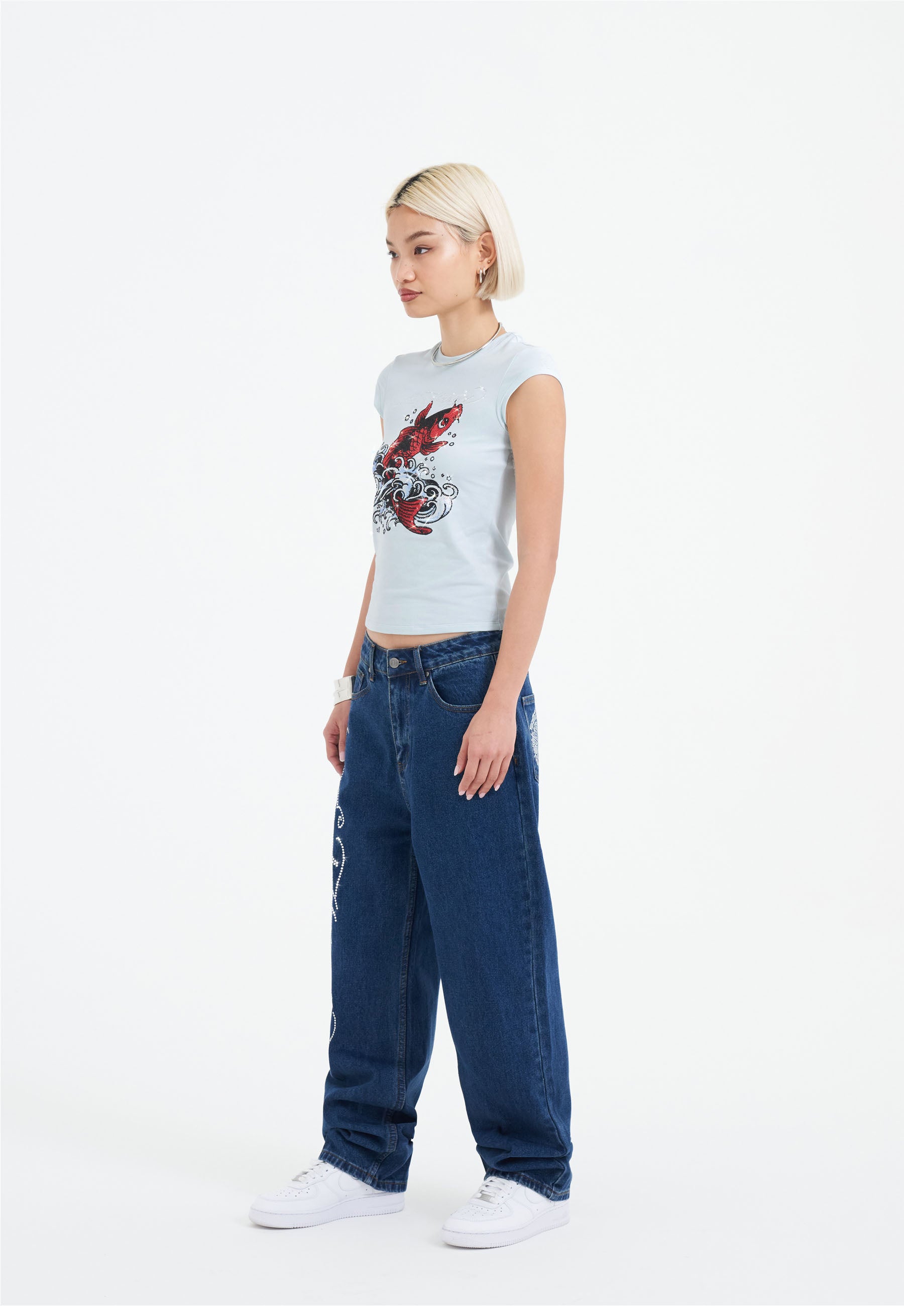 Womens Koi Wave Diamante Cap Sleeve Tshirt Top - Blue