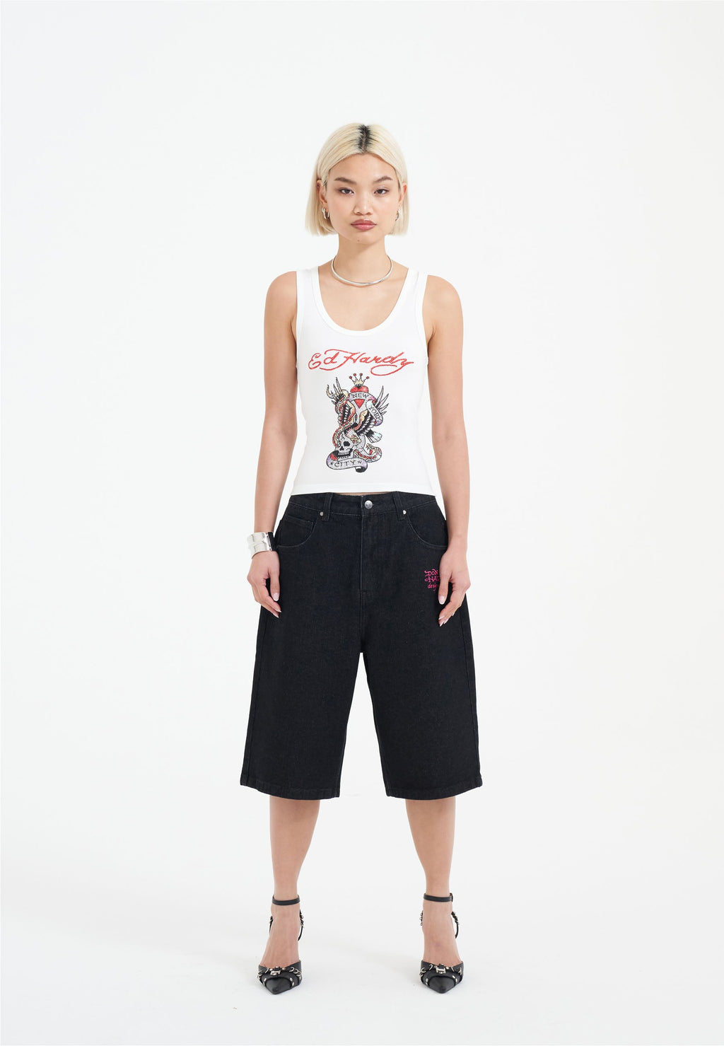 Womens Love Wrapped Diamante Denim Jorts Shorts - Black