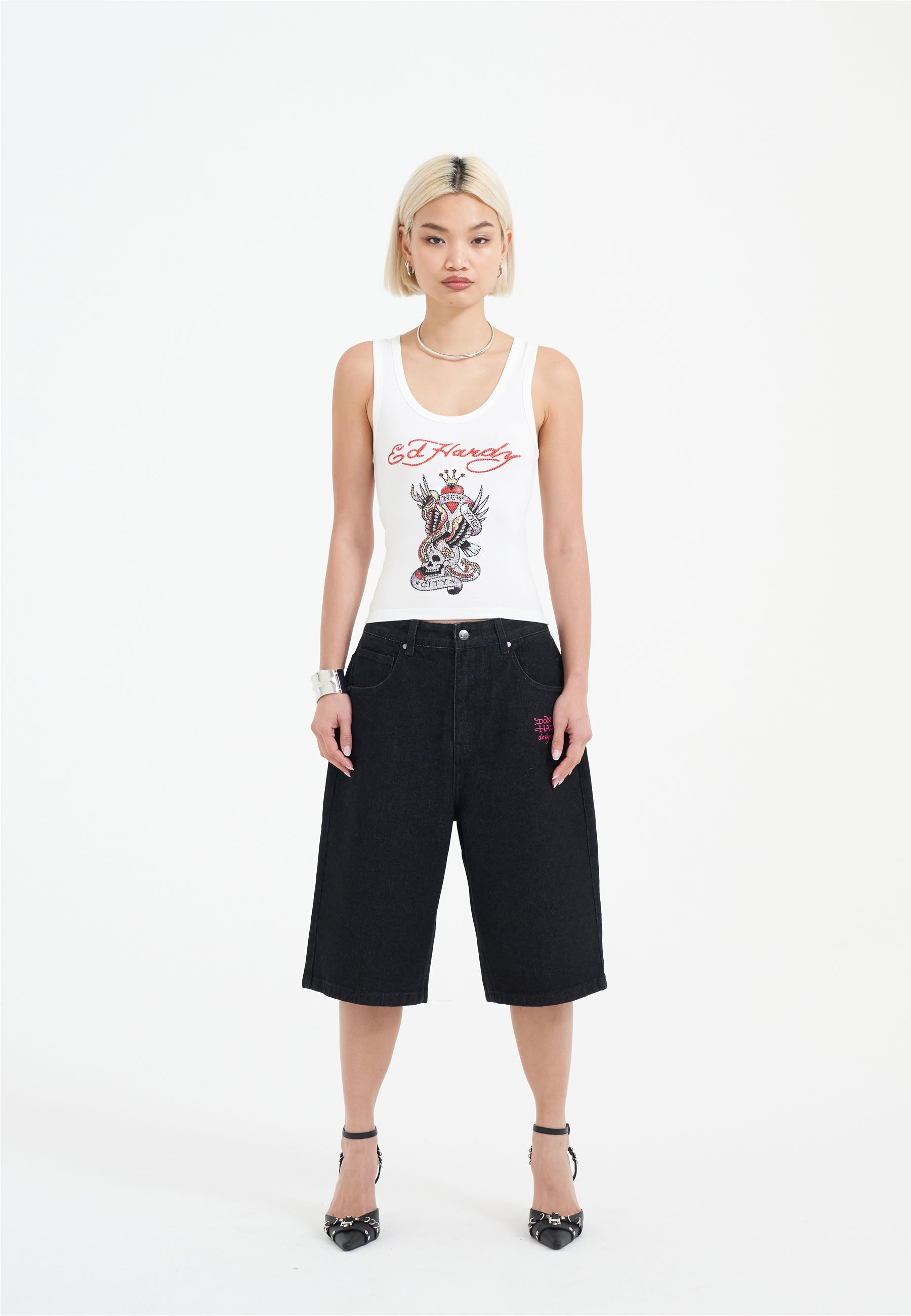 Womens Love Wrapped Diamante Denim Jorts Shorts - Black