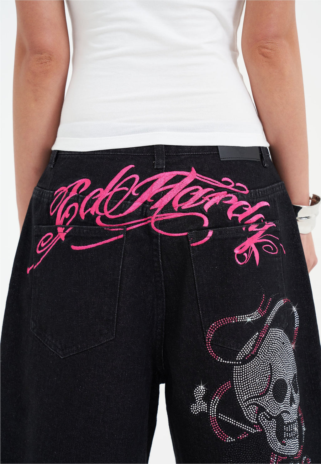 Womens Love Wrapped Diamante Denim Jorts Shorts - Black