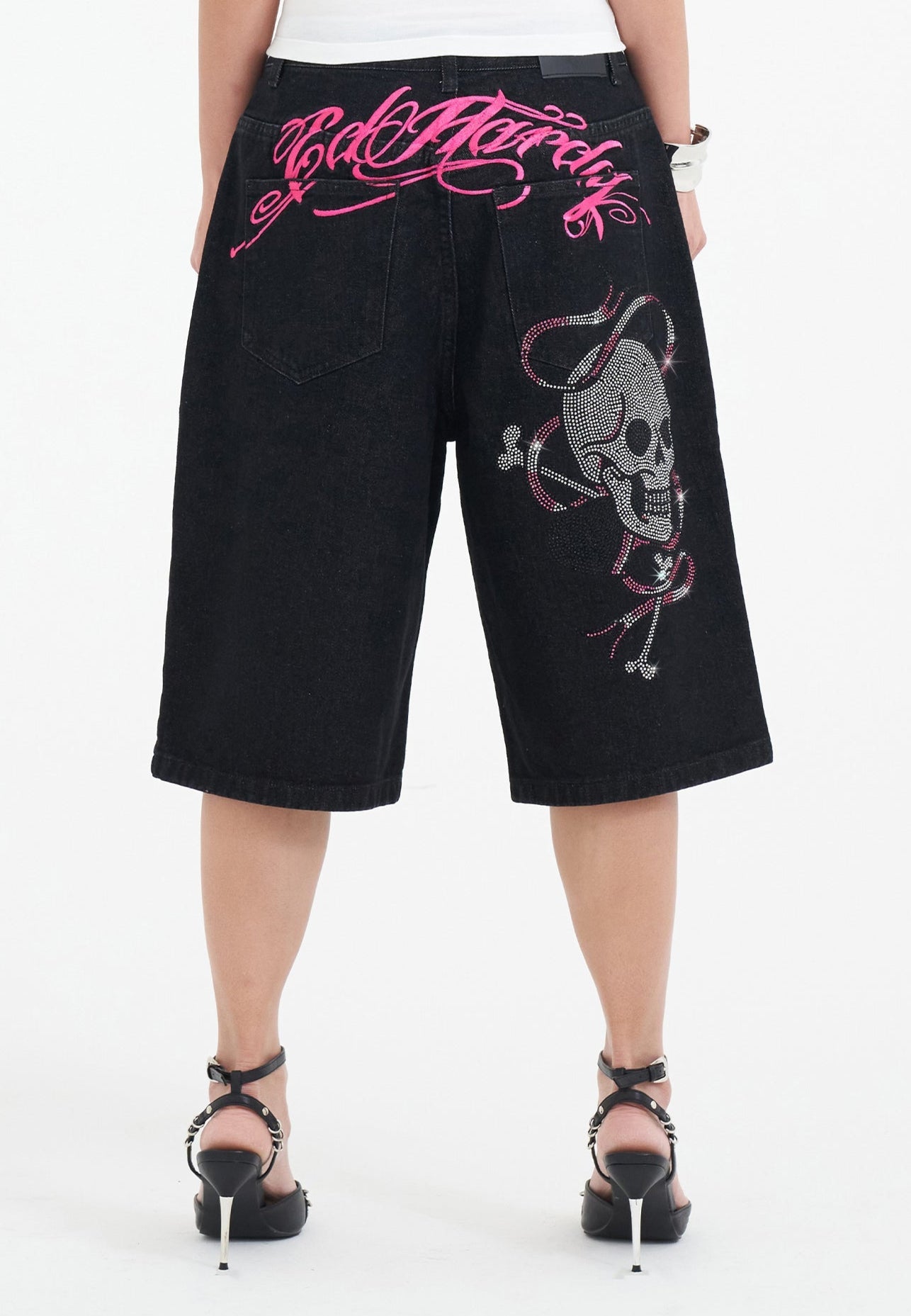 Womens Love Wrapped Diamante Denim Jorts Shorts - Black
