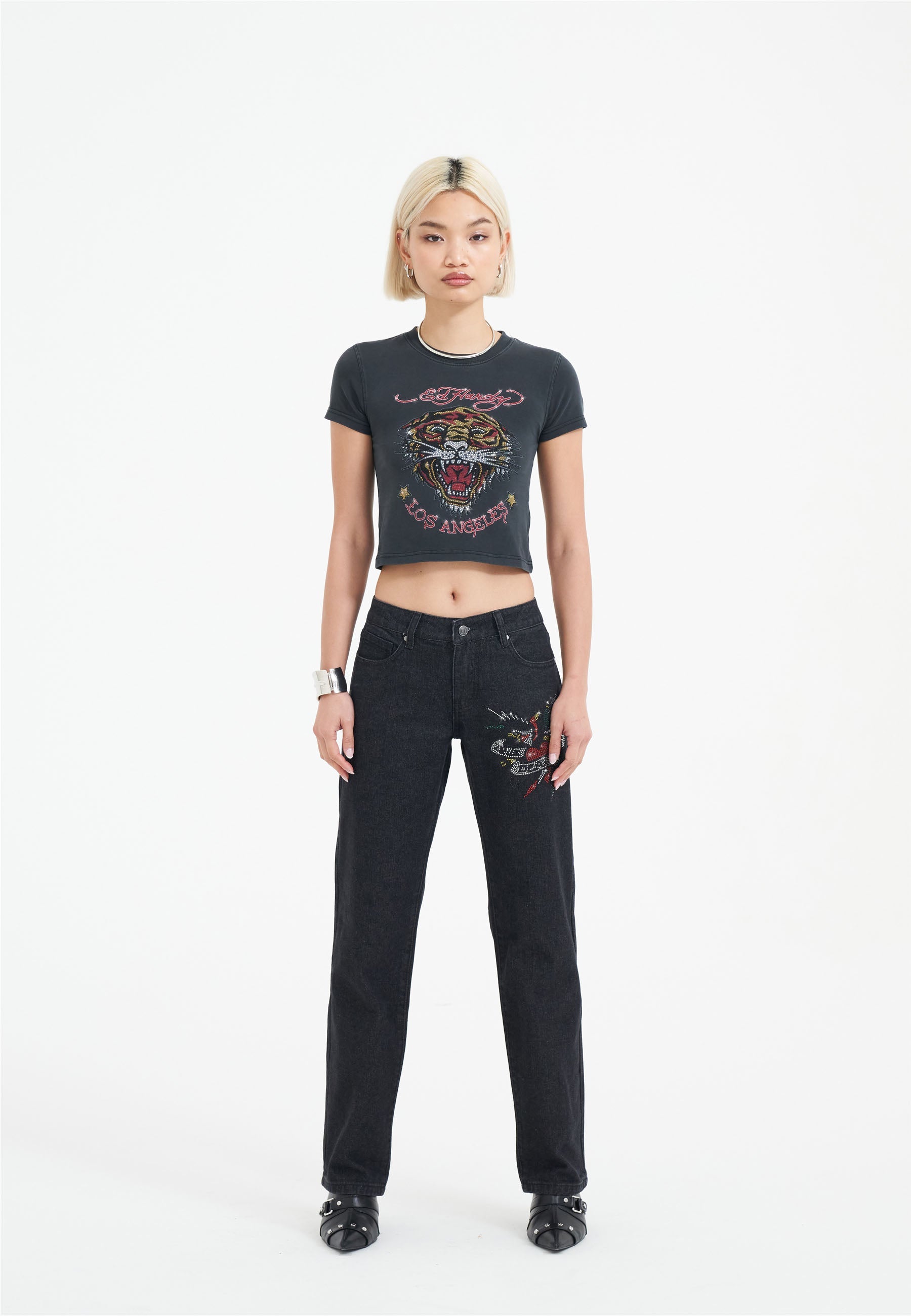 Womens True Death Diamante Straight Denim Trousers Jeans - Black