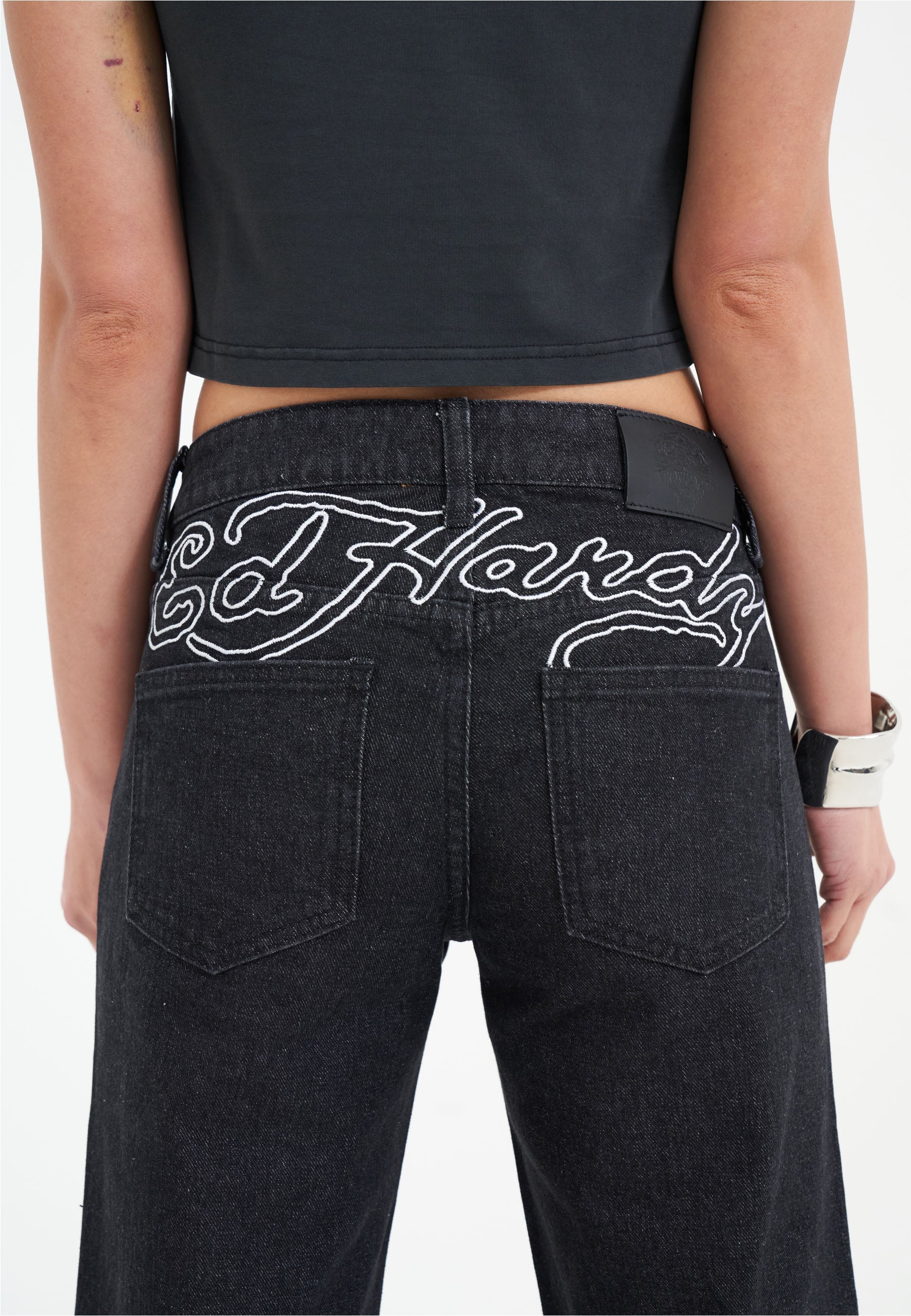 Womens True Death Diamante Straight Denim Trousers Jeans - Black